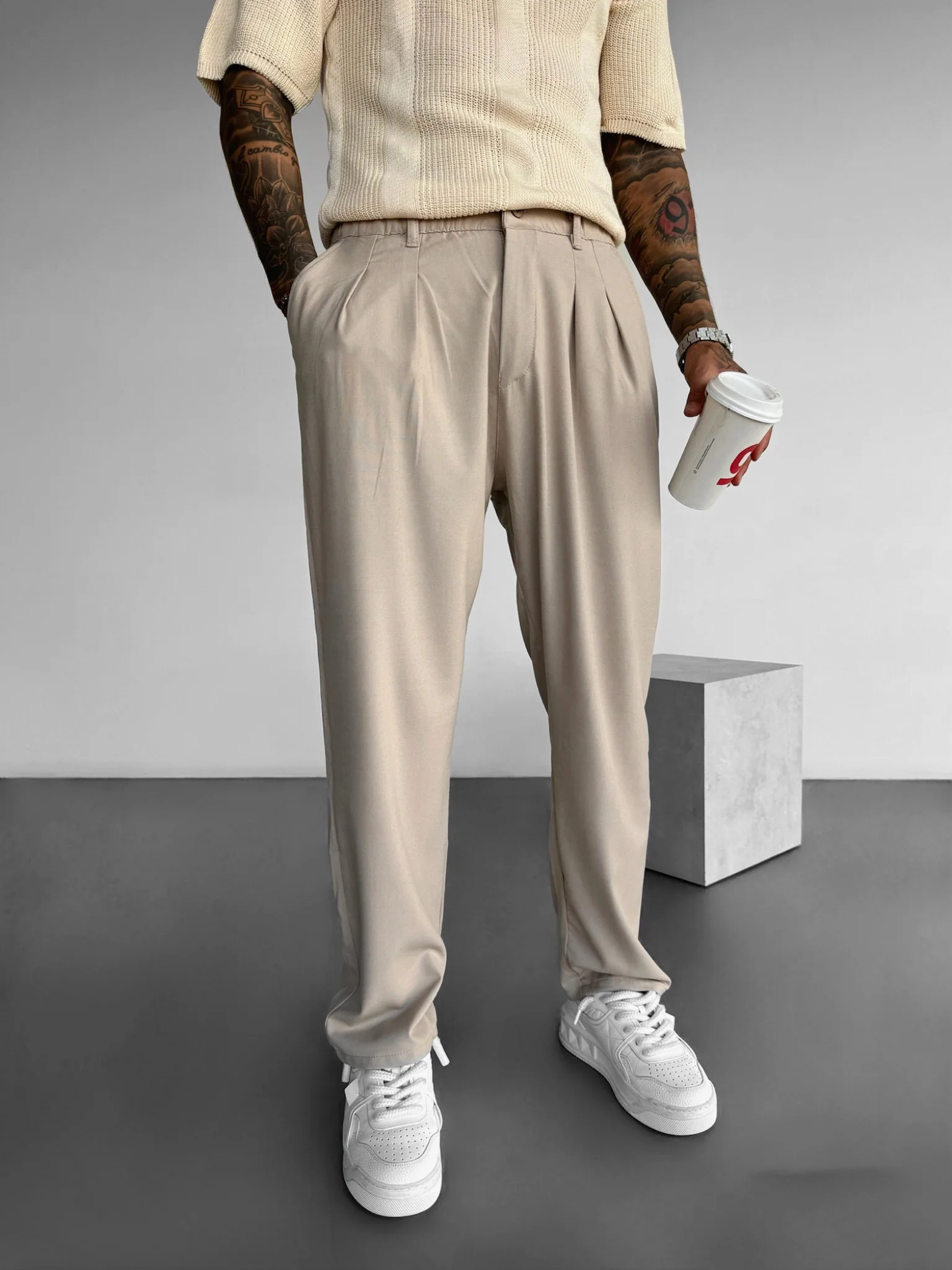 Baggy Chino Trousers - Beige - Image 3