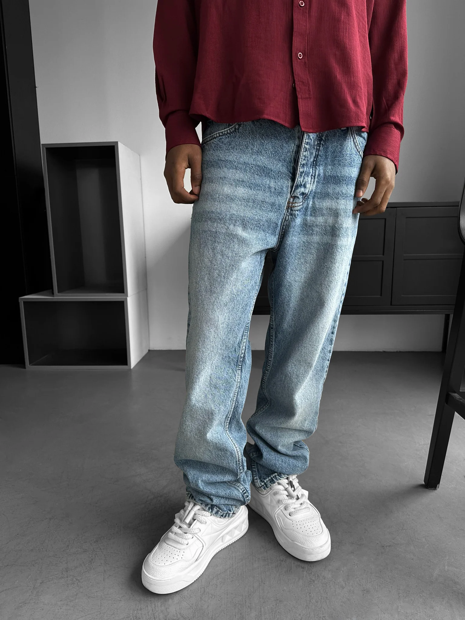 Baggy Fit Washed Jeans - Blue