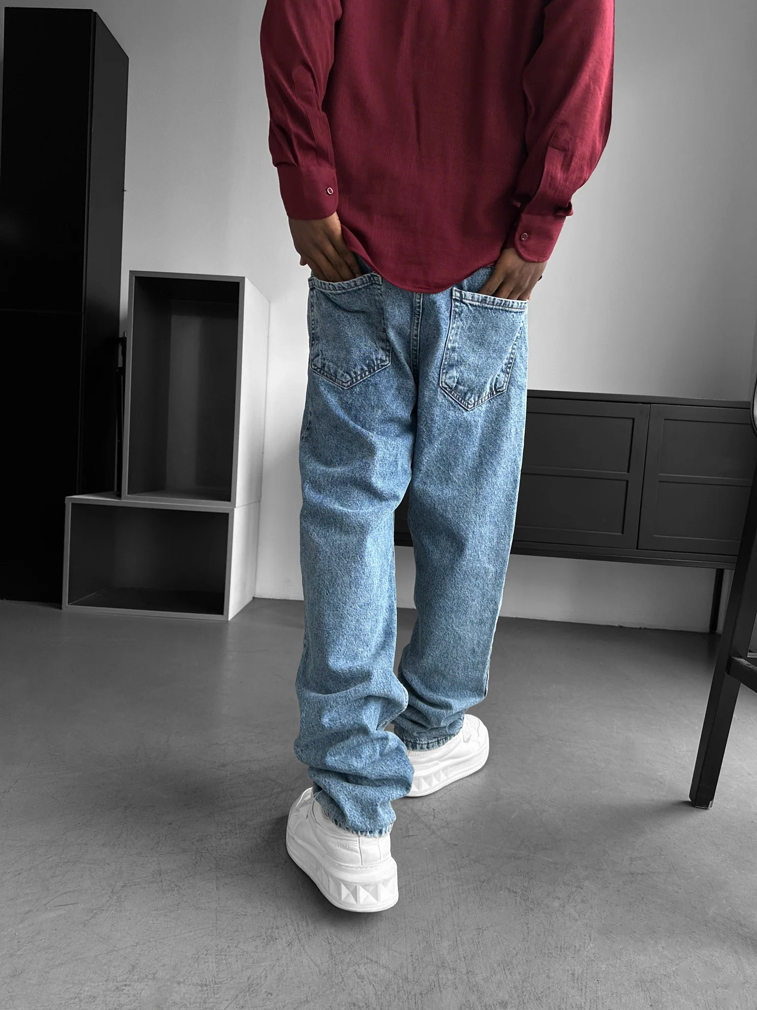 Baggy Fit Washed Jeans - Blue - Image 3