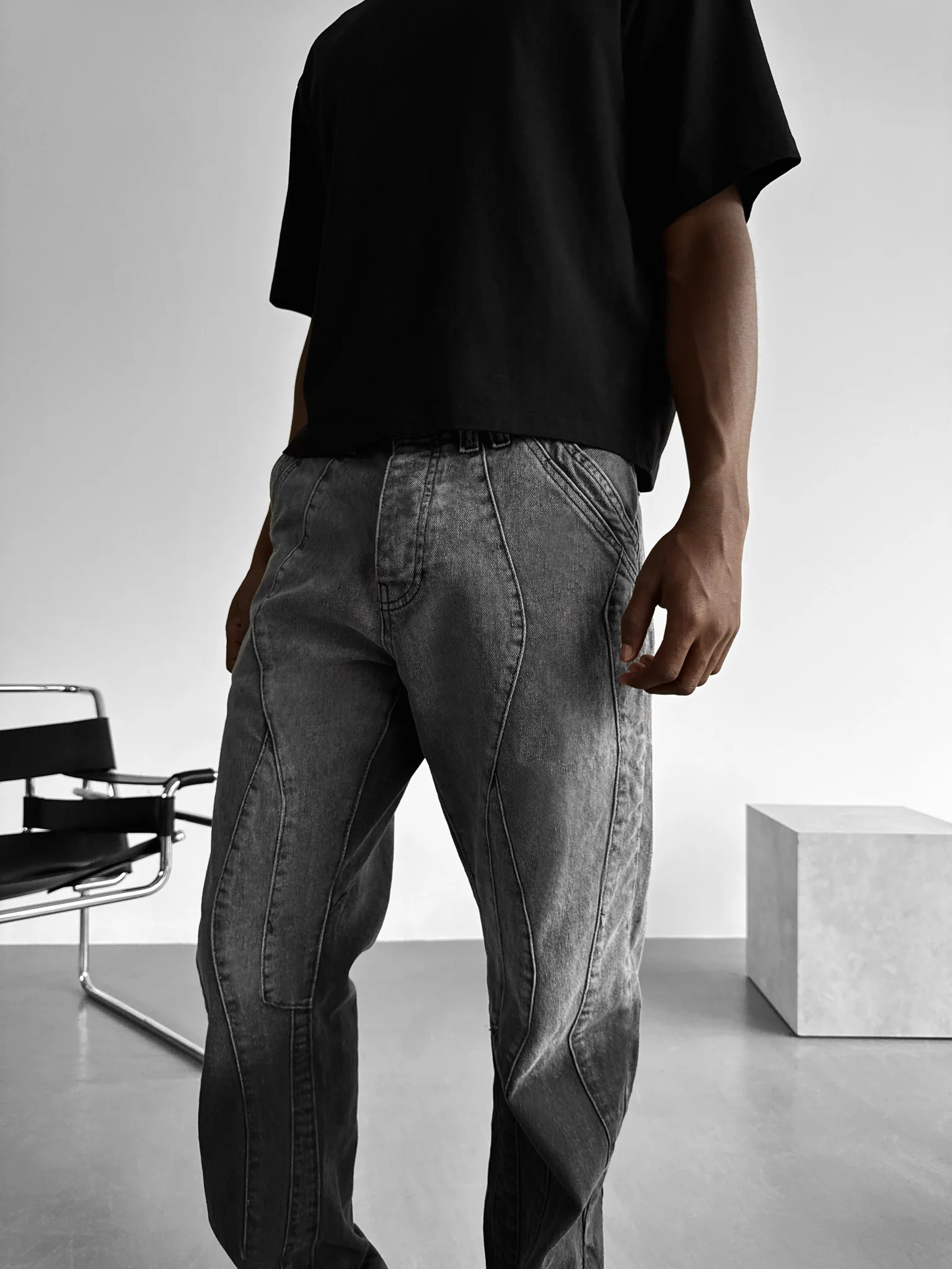 Baggy Half Washed Seam Jeans - Ash Black - Image 2