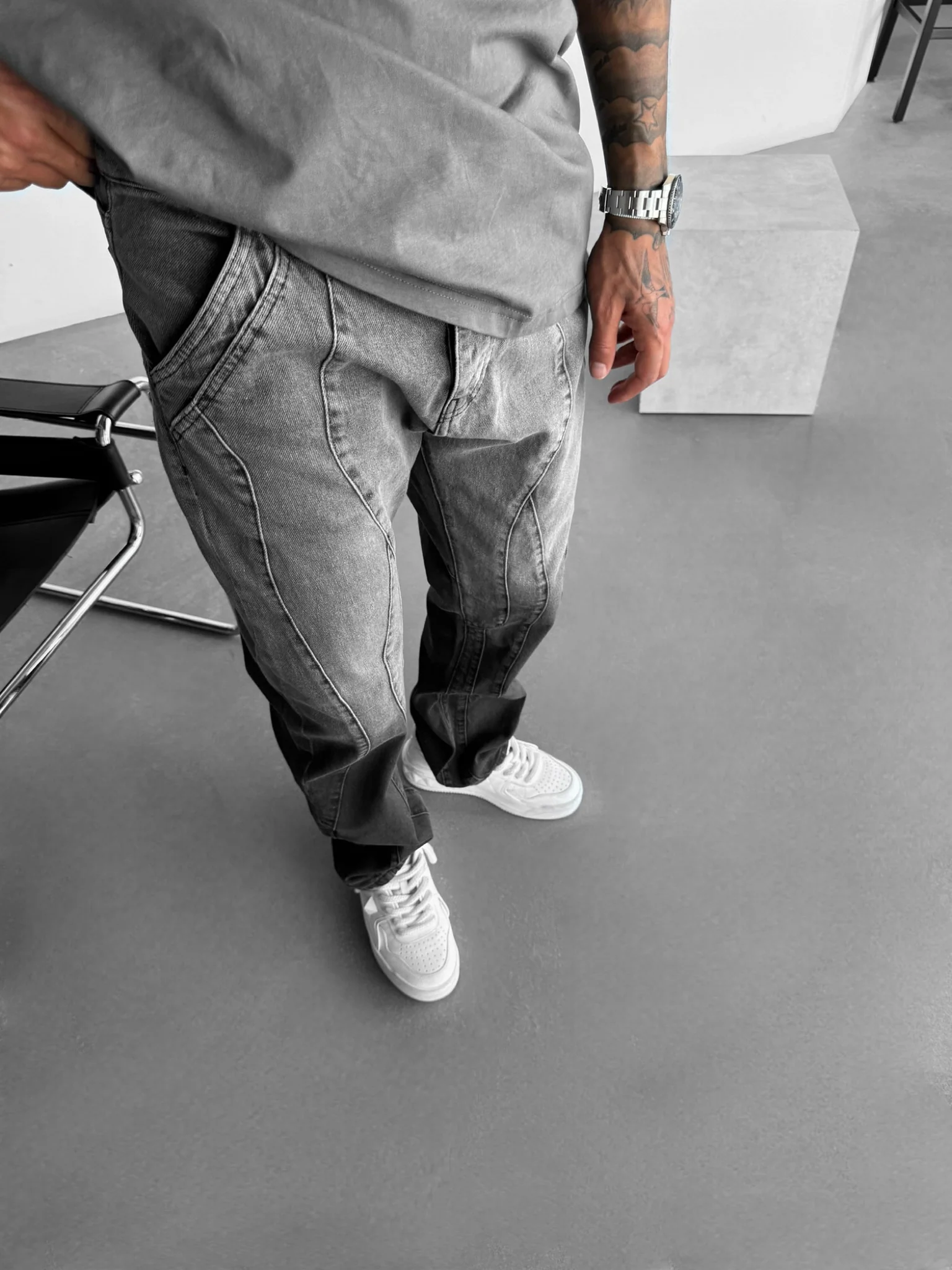 Baggy Half Washed Seam Jeans - Ash Black - Image 4