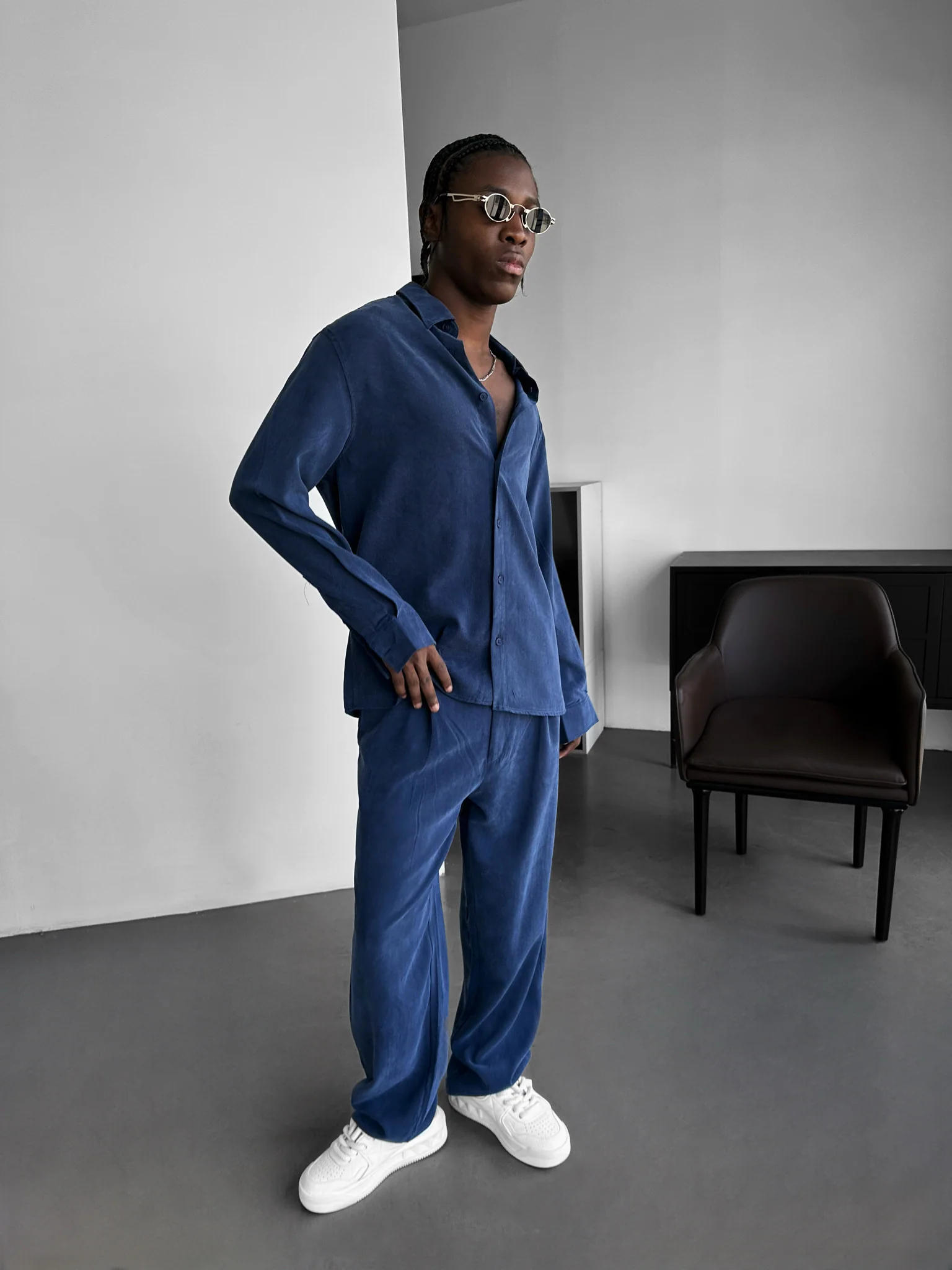 Baggy Tencel Trousers - Navy Blue - Image 5