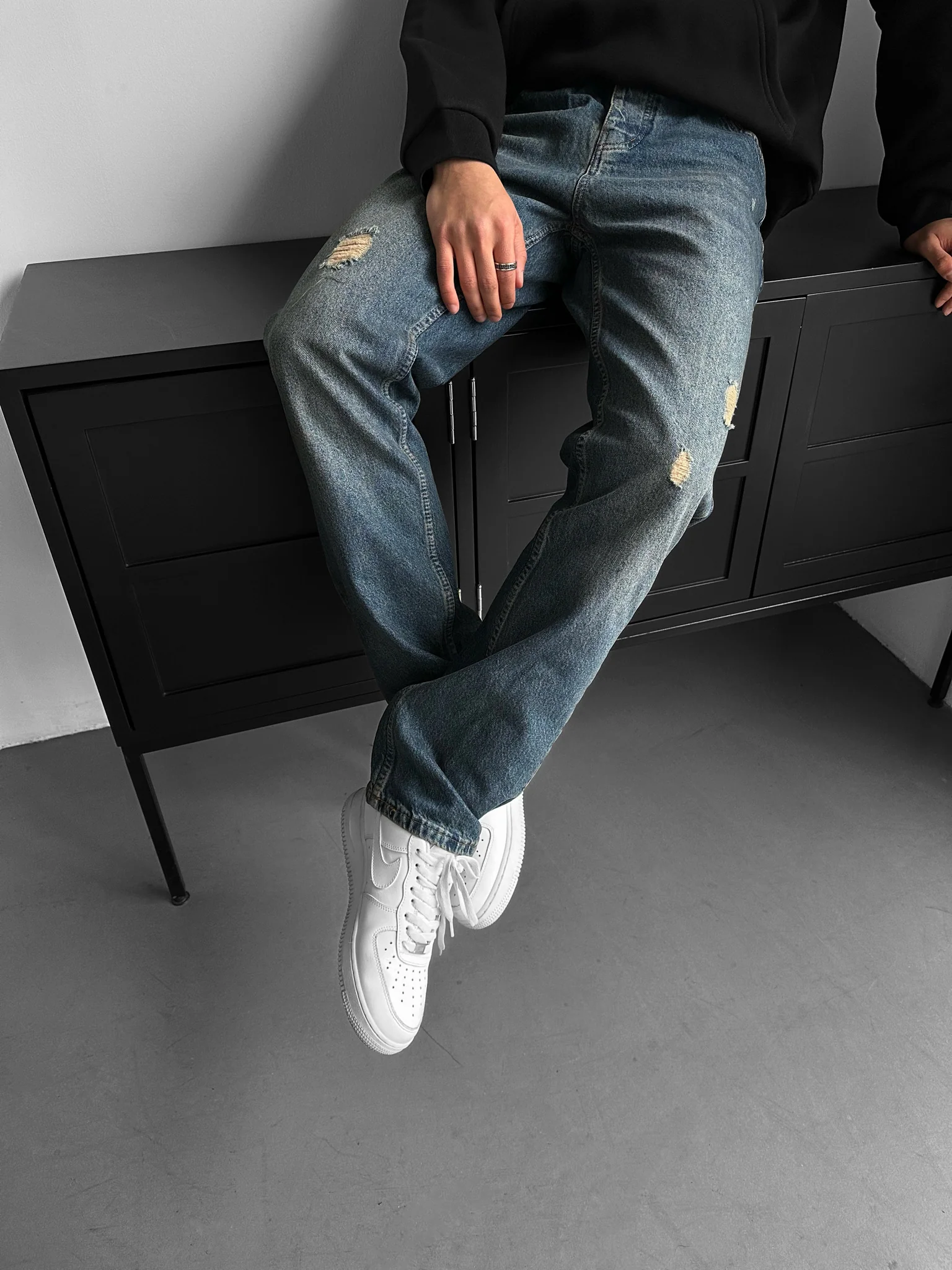 Baggy Torn Washed Jeans - Dark Blue - Image 2