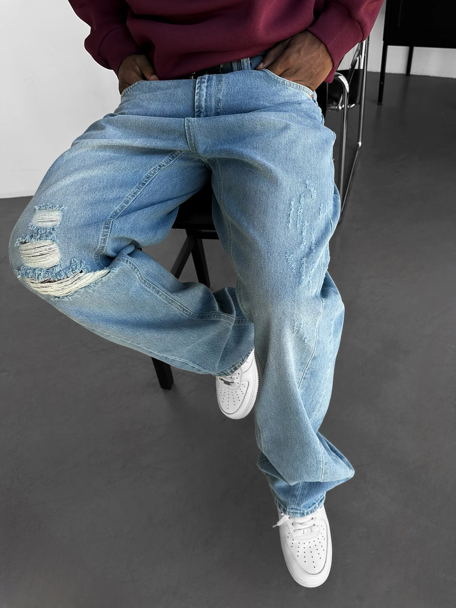 Baggy Washed Torn Jeans - Blue - Image 2