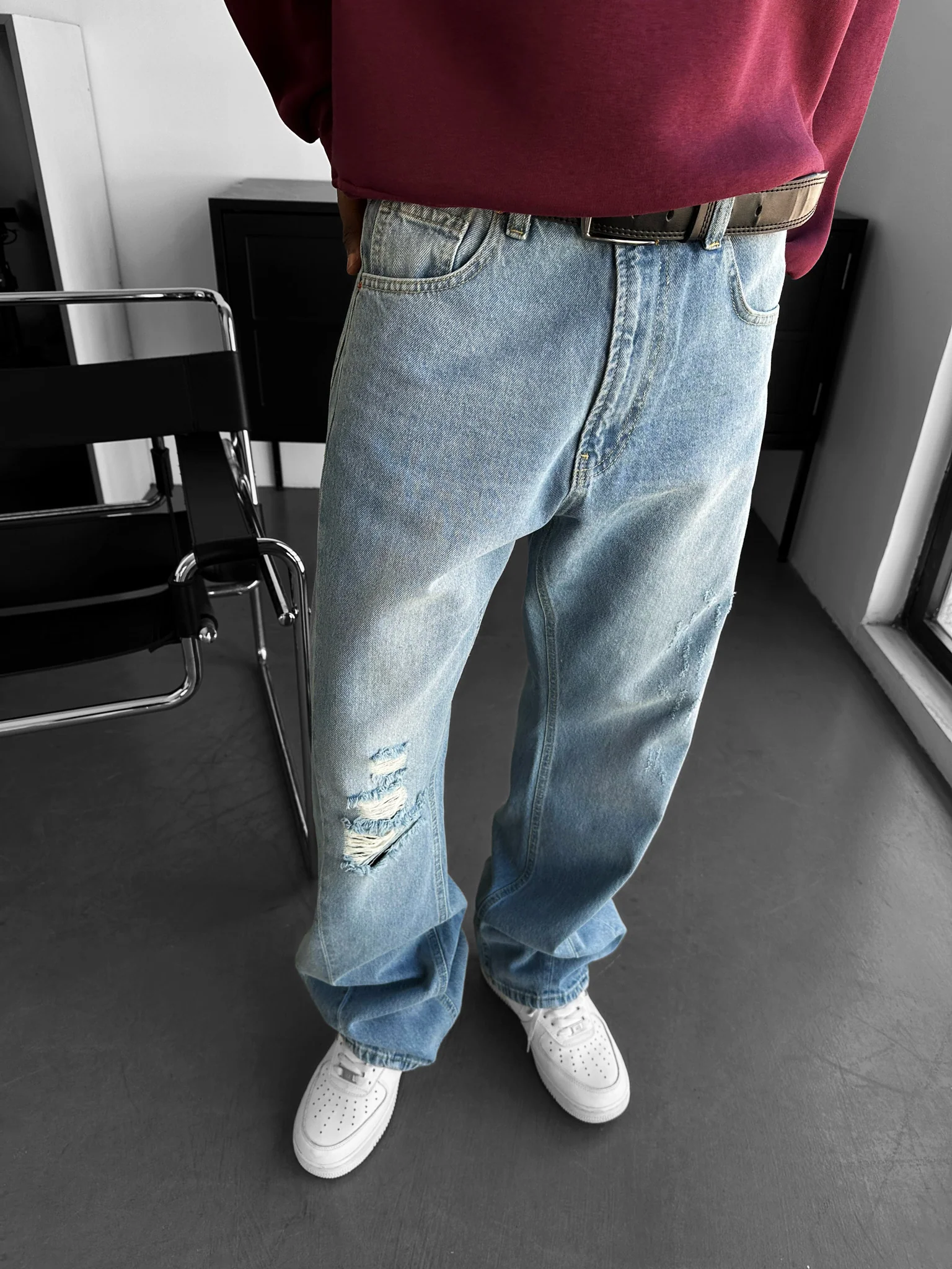 Baggy Washed Torn Jeans - Blue - Image 3