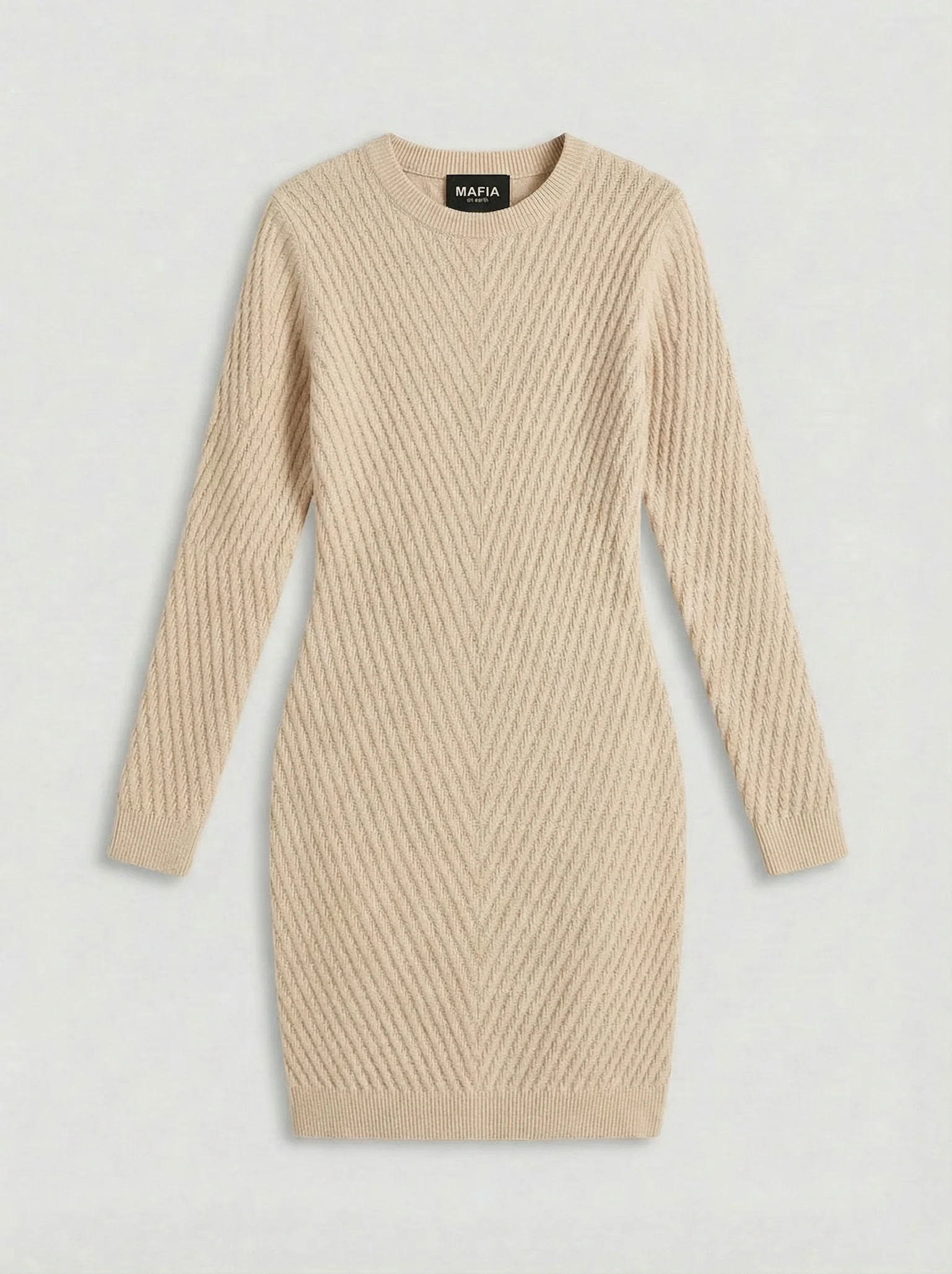Fitted Midi Knit Dress - Beige - Image 5