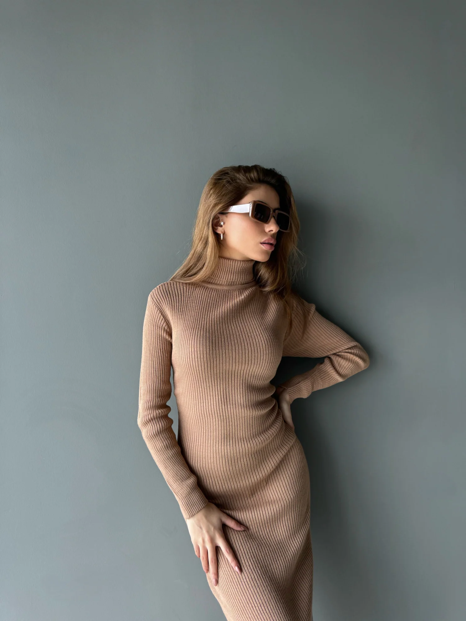 High Neck Knit Dress - Camel - Image 3