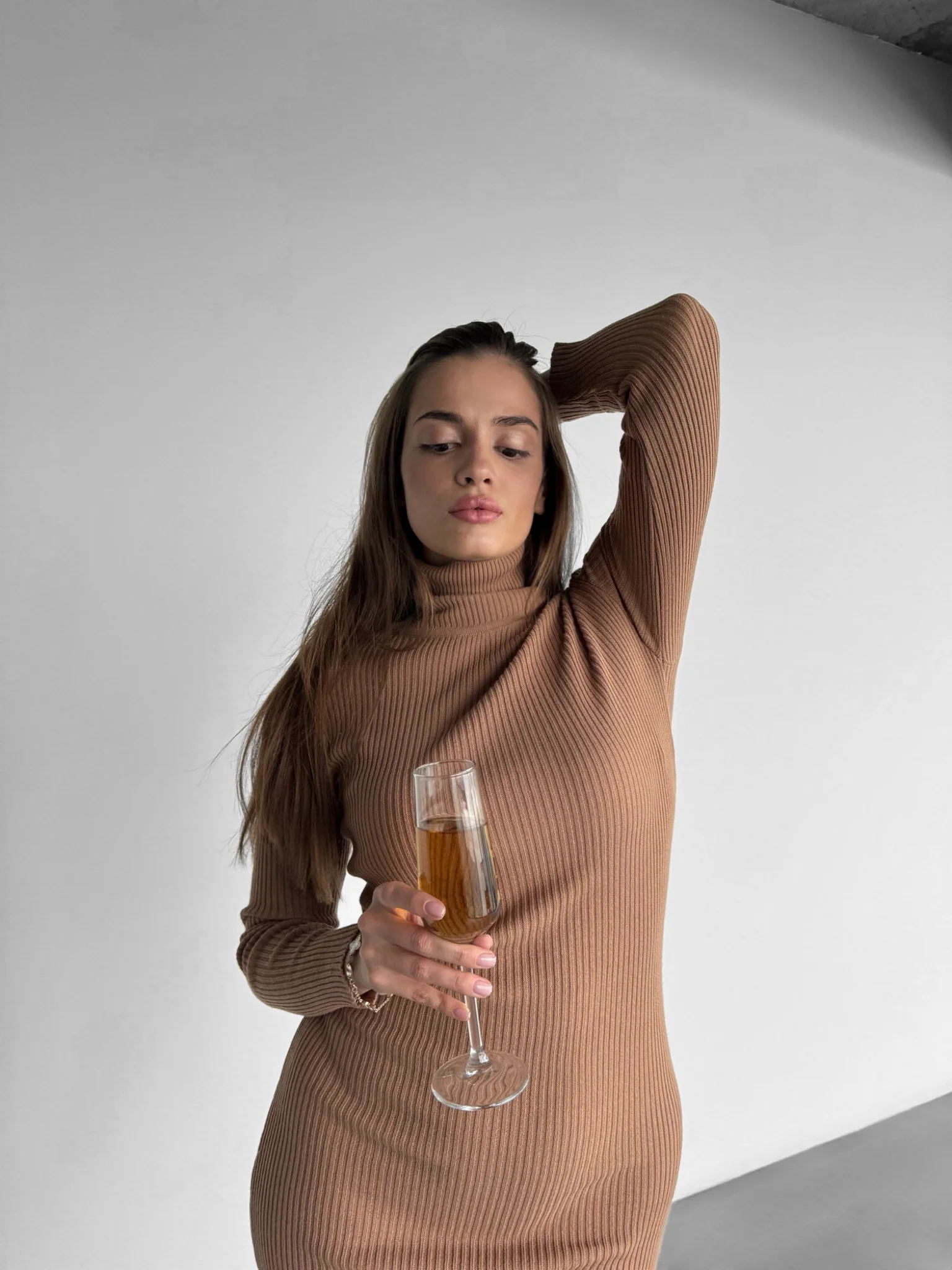 High Neck Knit Dress - Camel - Image 5