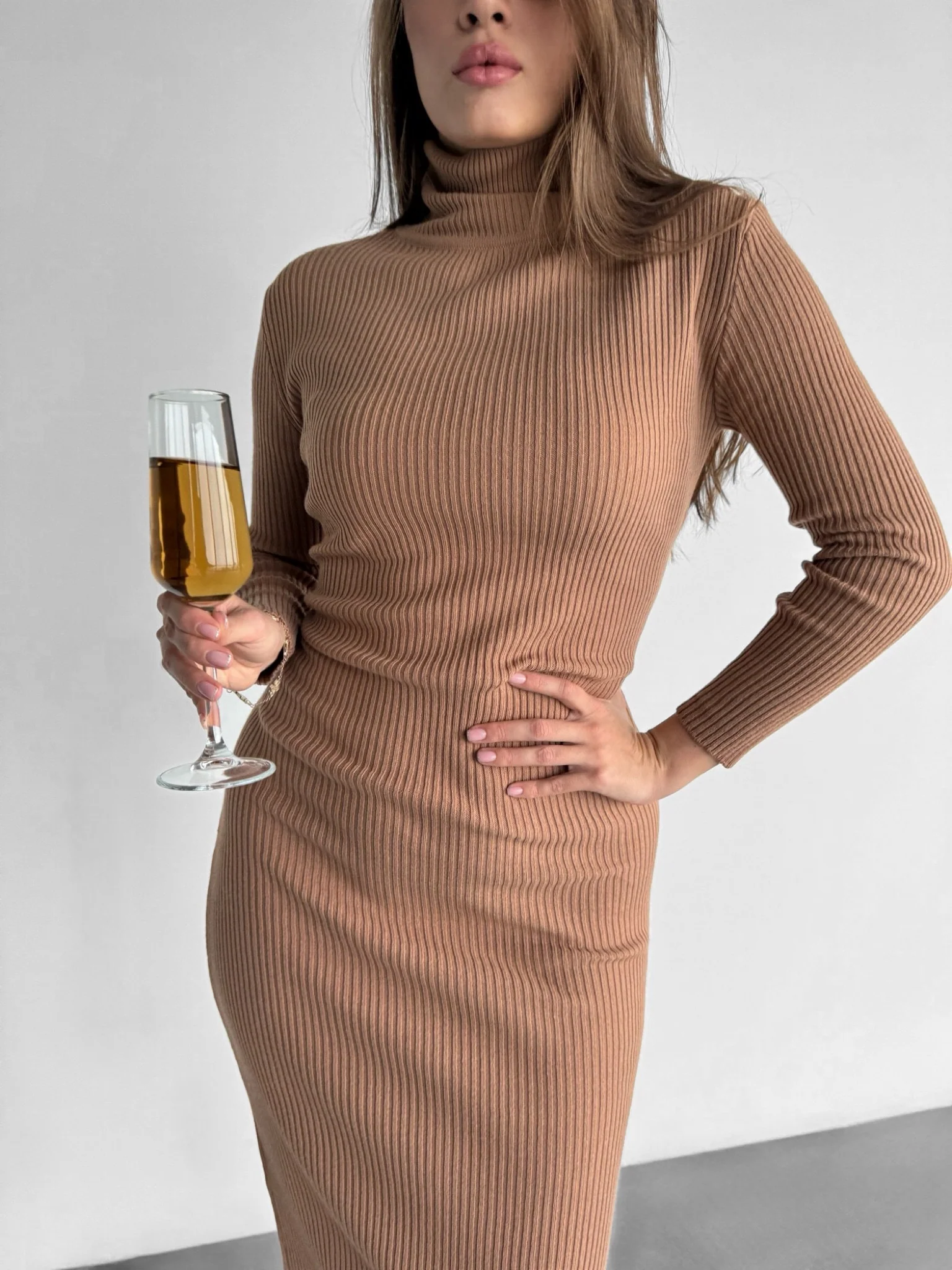 High Neck Knit Dress - Camel - Image 6