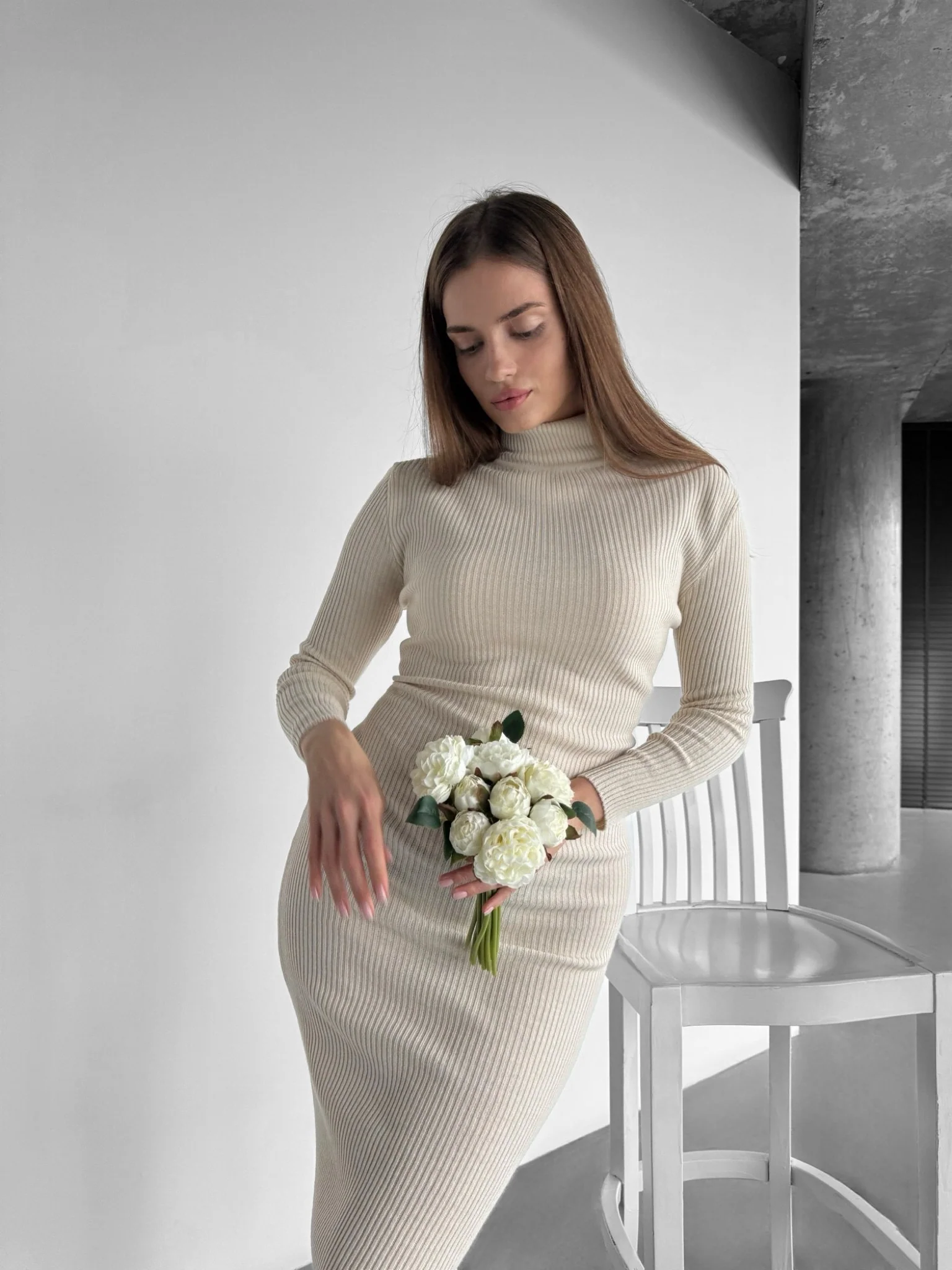 High Neck Knit Dress - Creme - Image 4