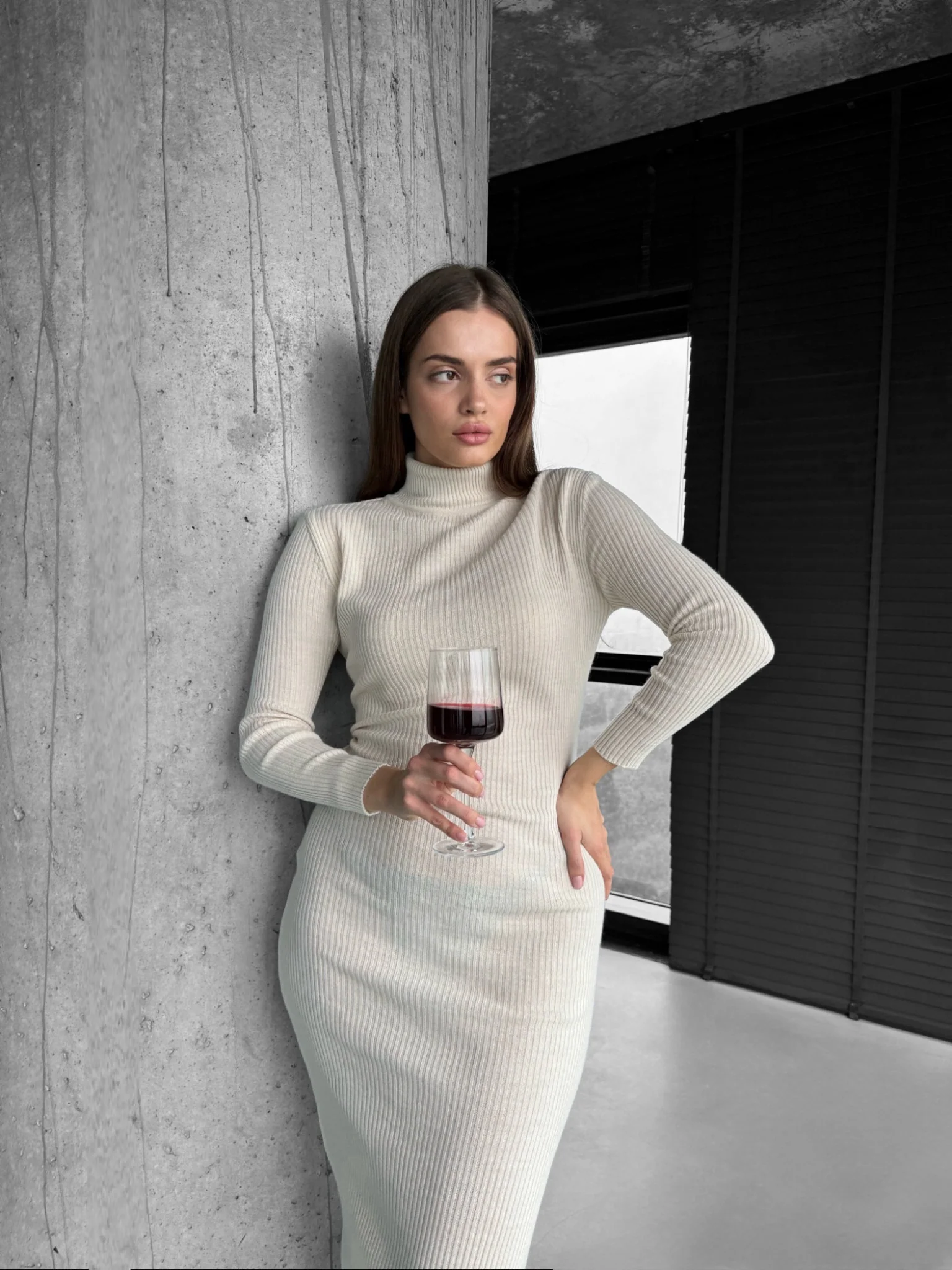 High Neck Knit Dress - Creme - Image 7