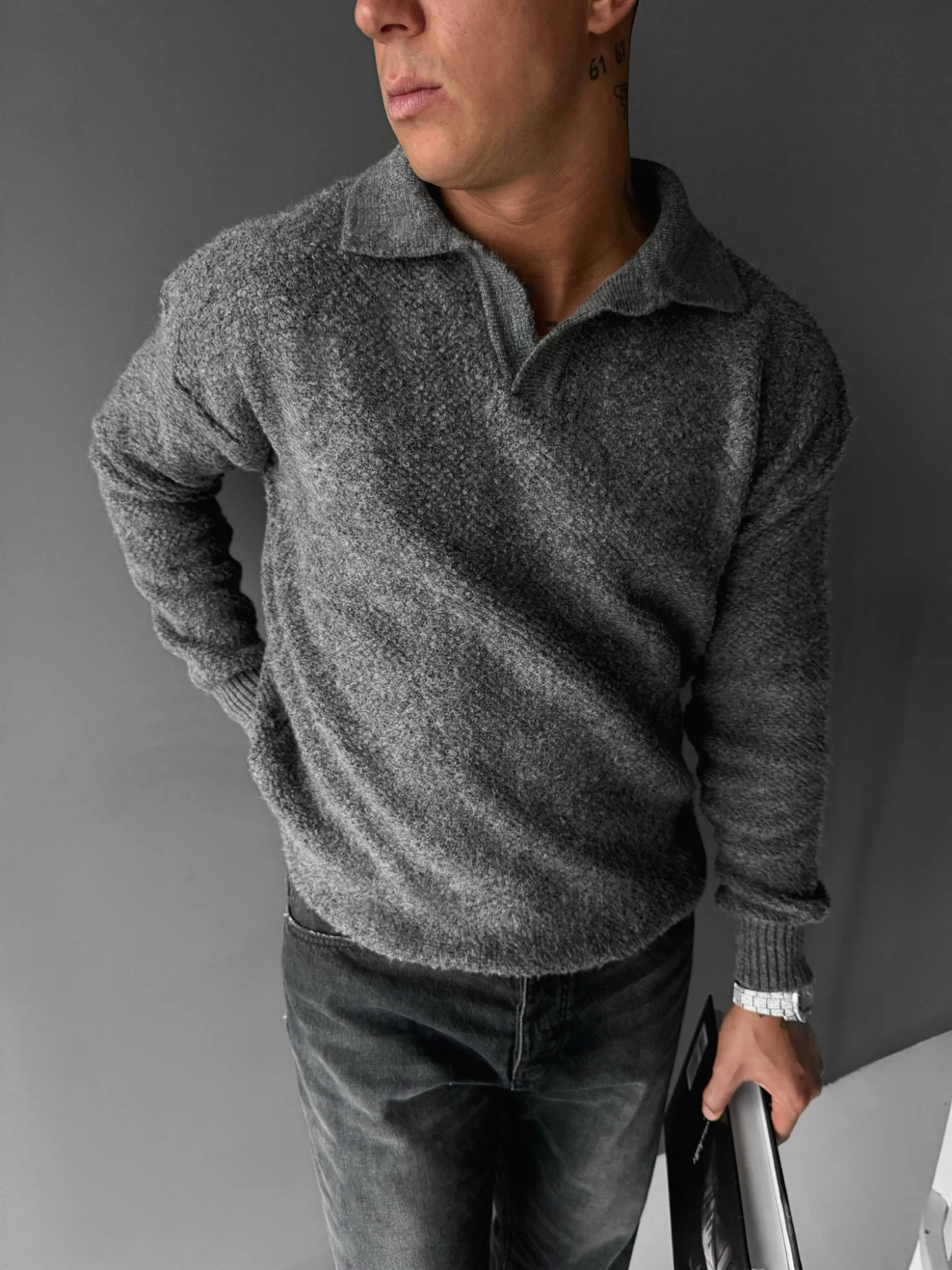 Knit Collar Brushed Pullover - Anthracite - Image 3