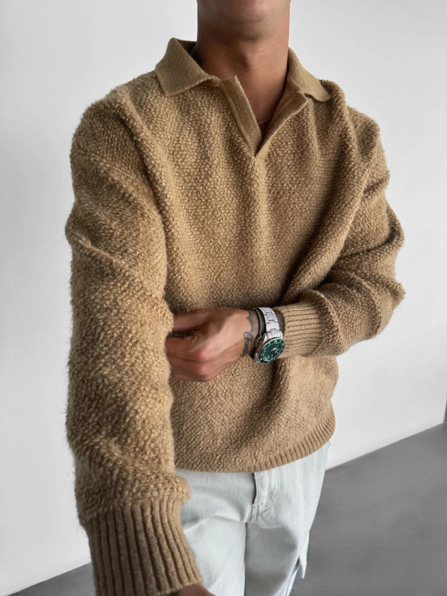 Knit Collar Brushed Pullover - Camel - Image 2