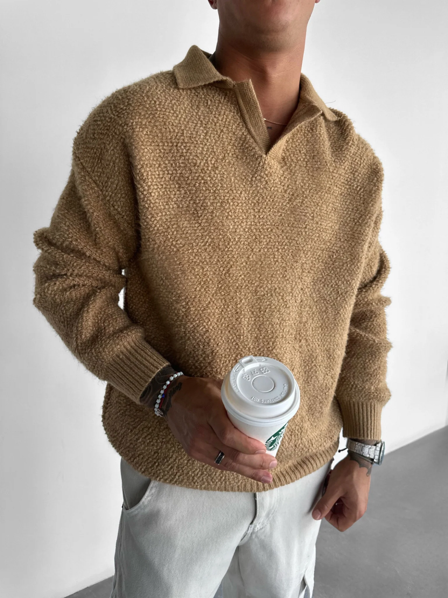 Knit Collar Brushed Pullover - Camel - Image 3