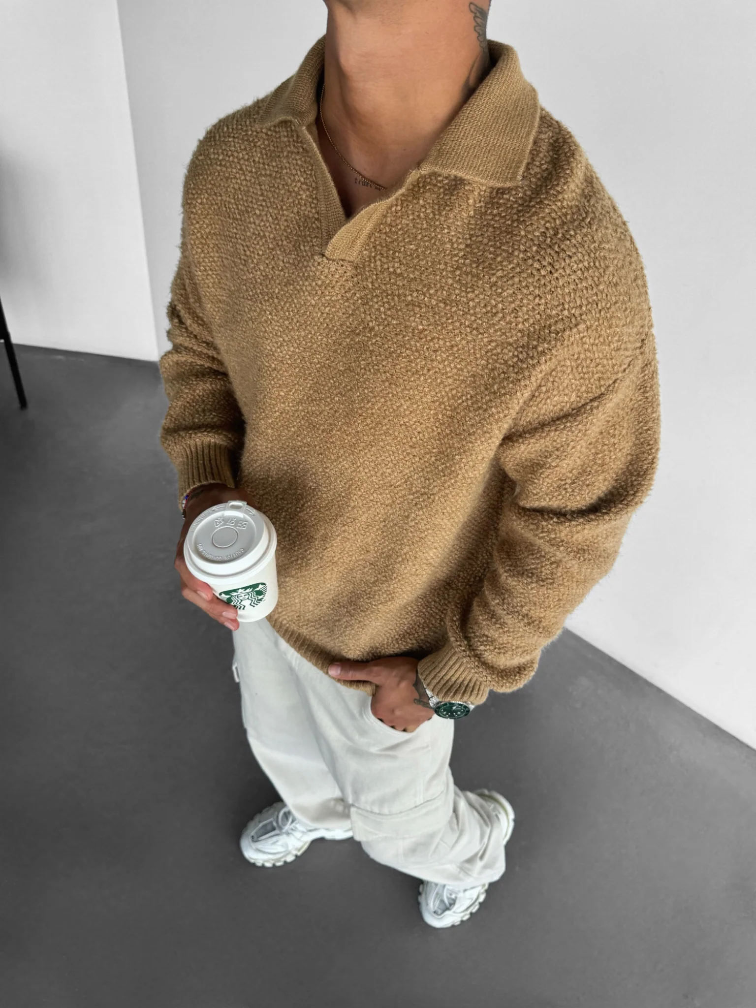 Knit Collar Brushed Pullover - Camel - Image 4