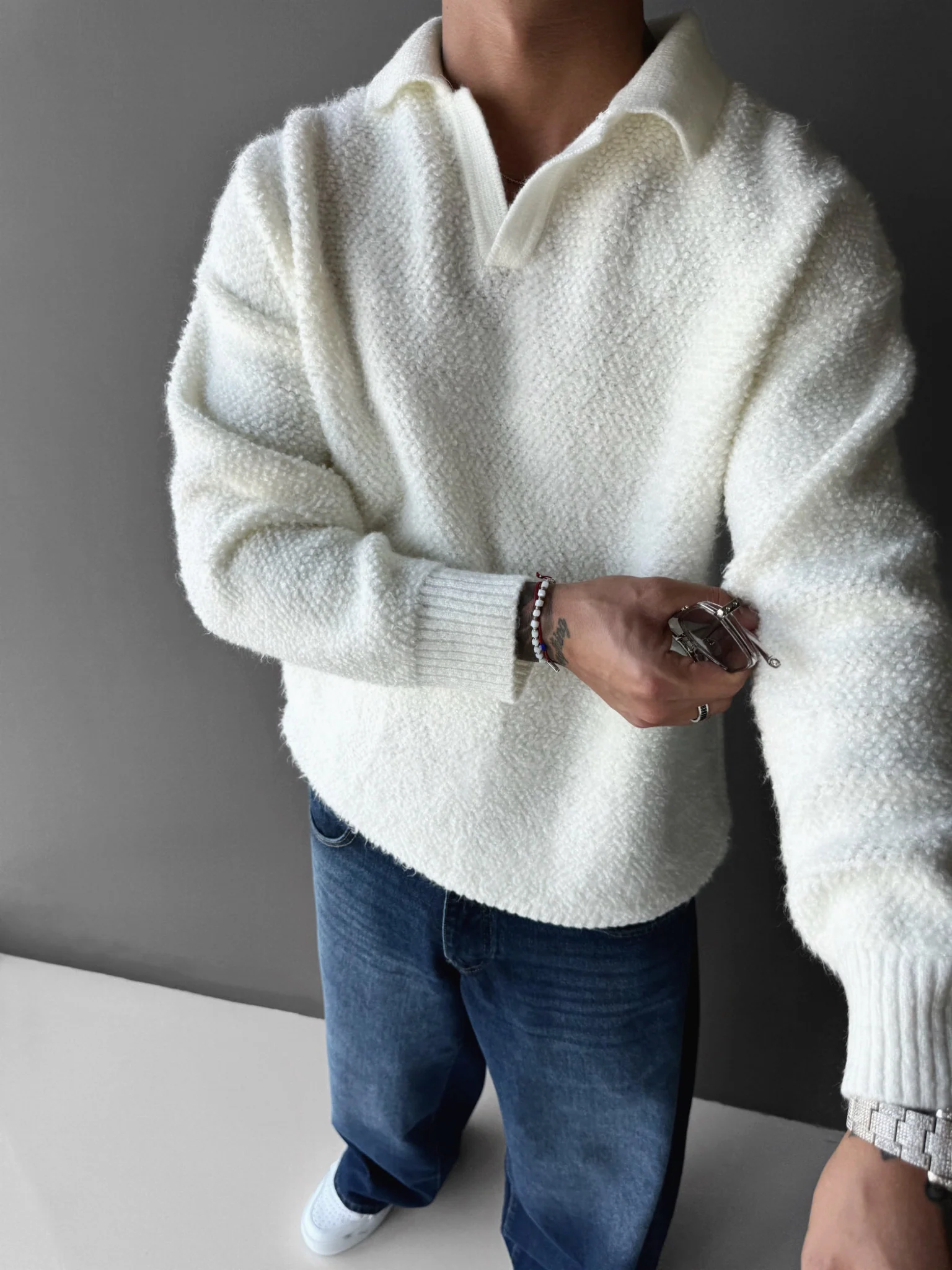 Knit Collar Brushed Pullover - Ecru - Image 2