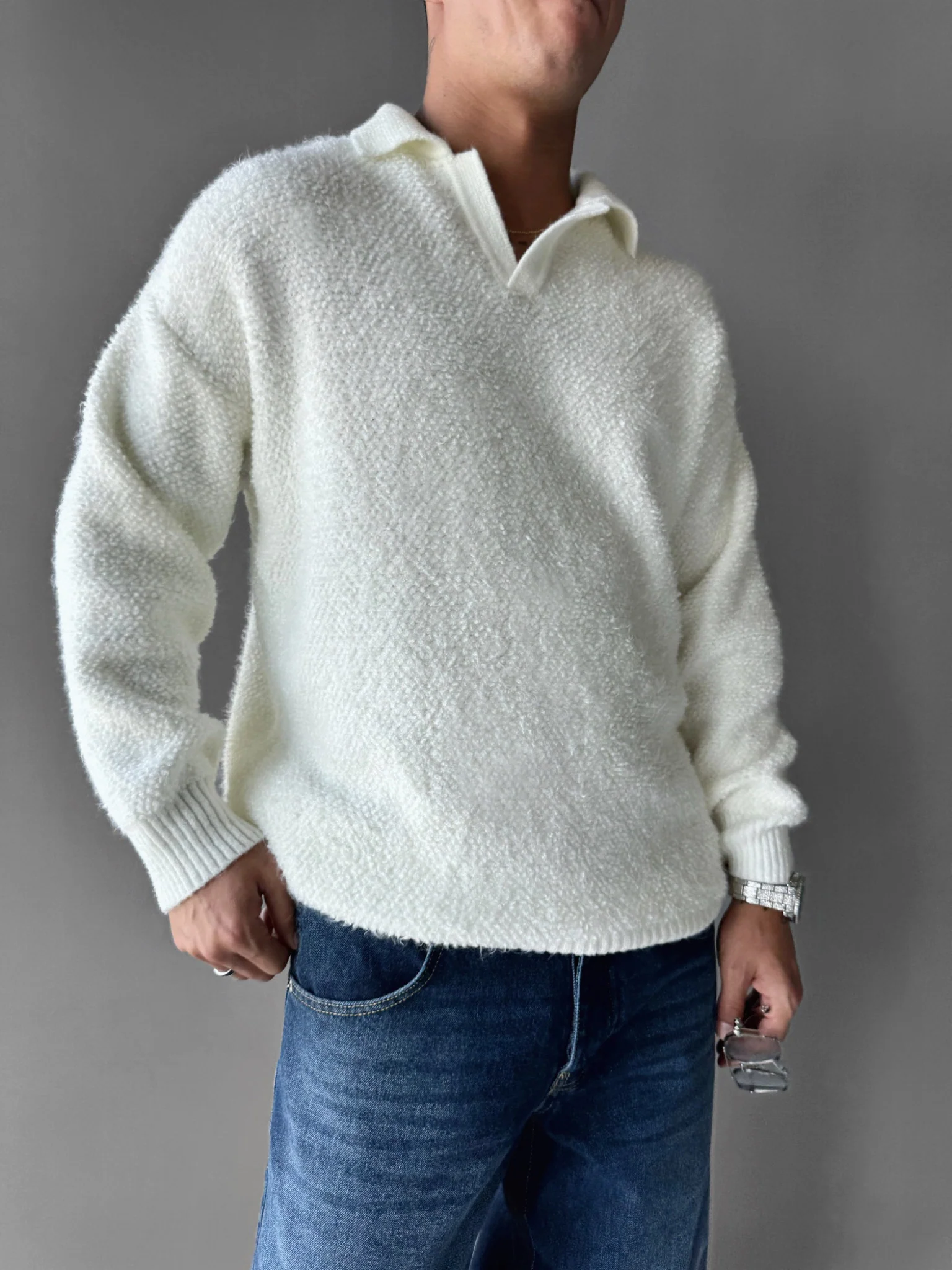 Knit Collar Brushed Pullover - Ecru - Image 3