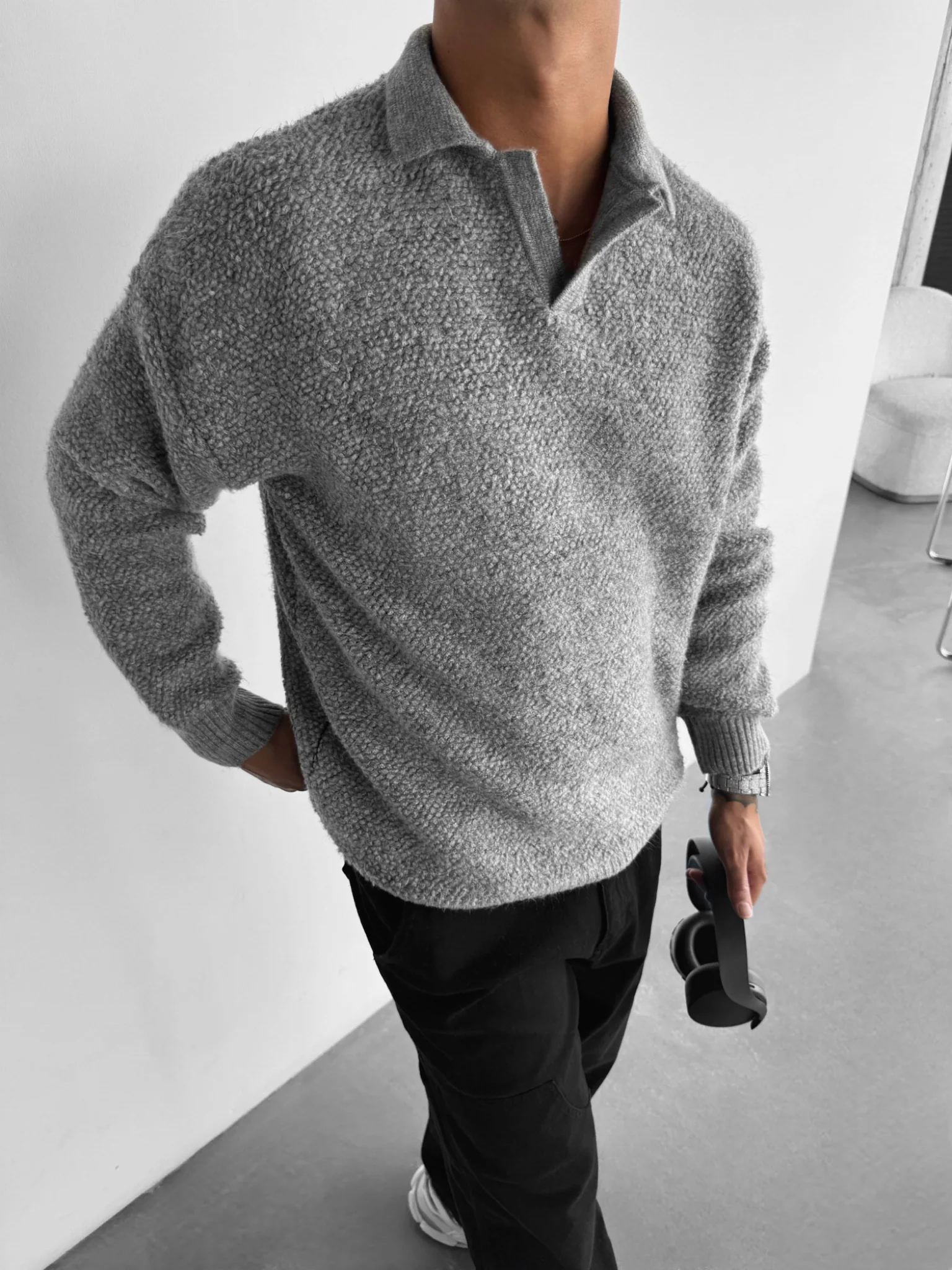 Knit Collar Brushed Pullover - Grey - Image 2