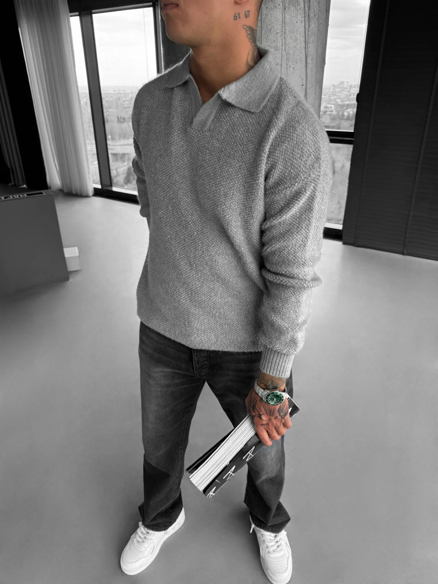 Knit Collar Brushed Pullover - Grey - Image 3
