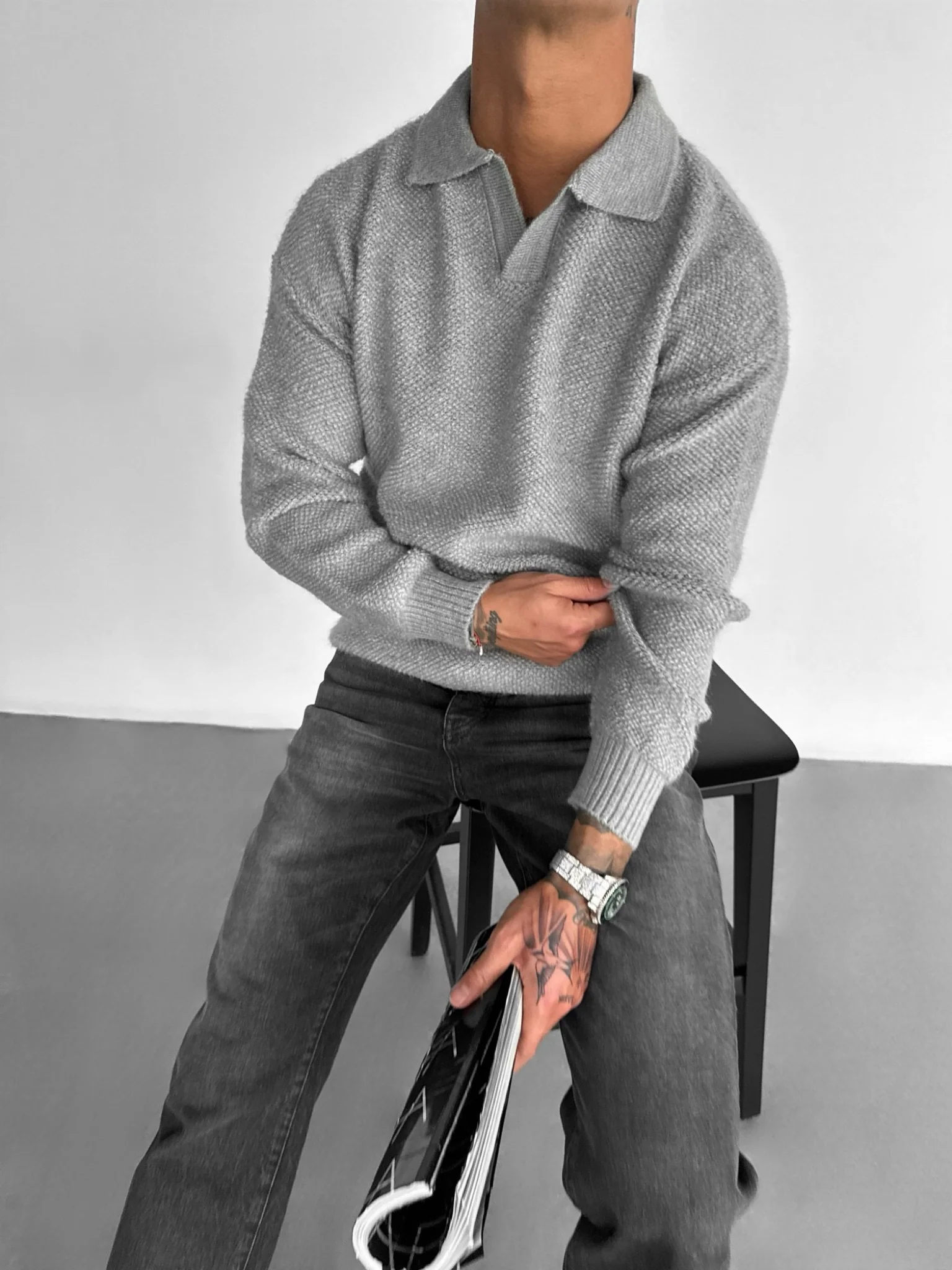 Knit Collar Brushed Pullover - Grey - Image 4