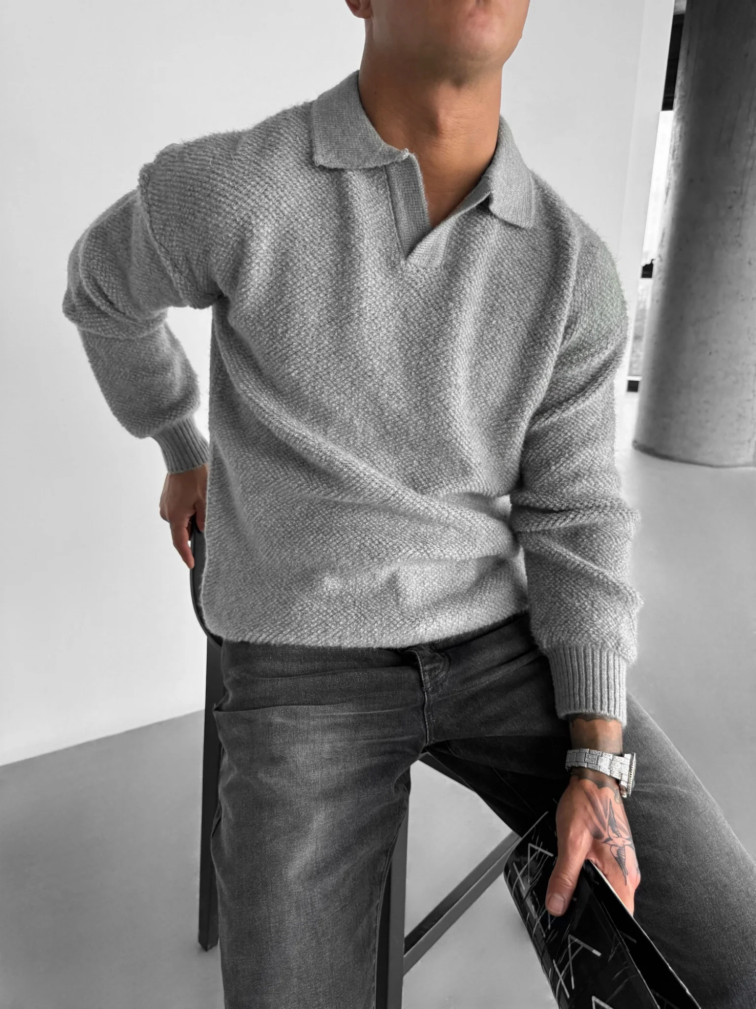 Knit Collar Brushed Pullover - Grey - Image 5