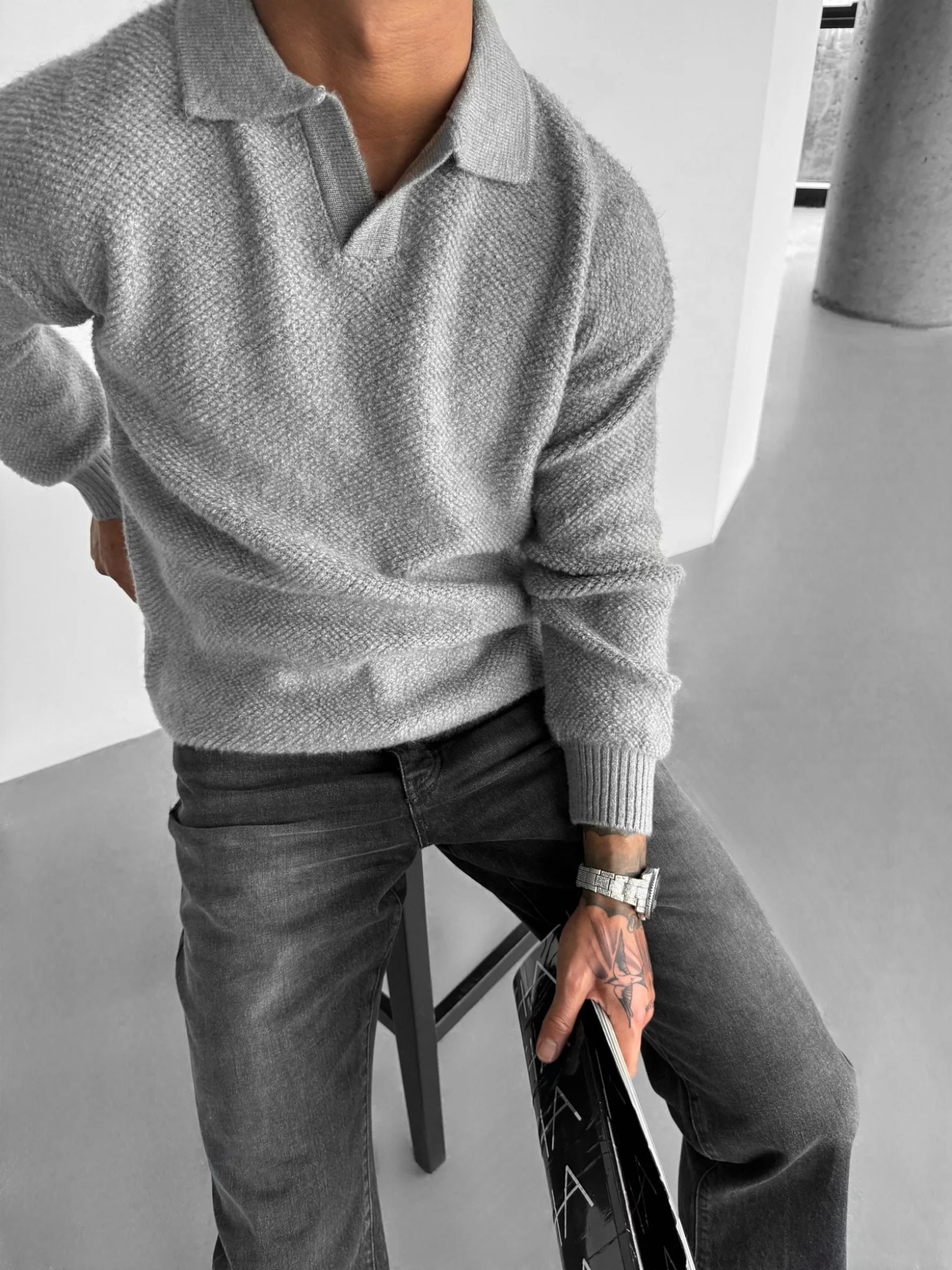 Knit Collar Brushed Pullover - Grey - Image 6