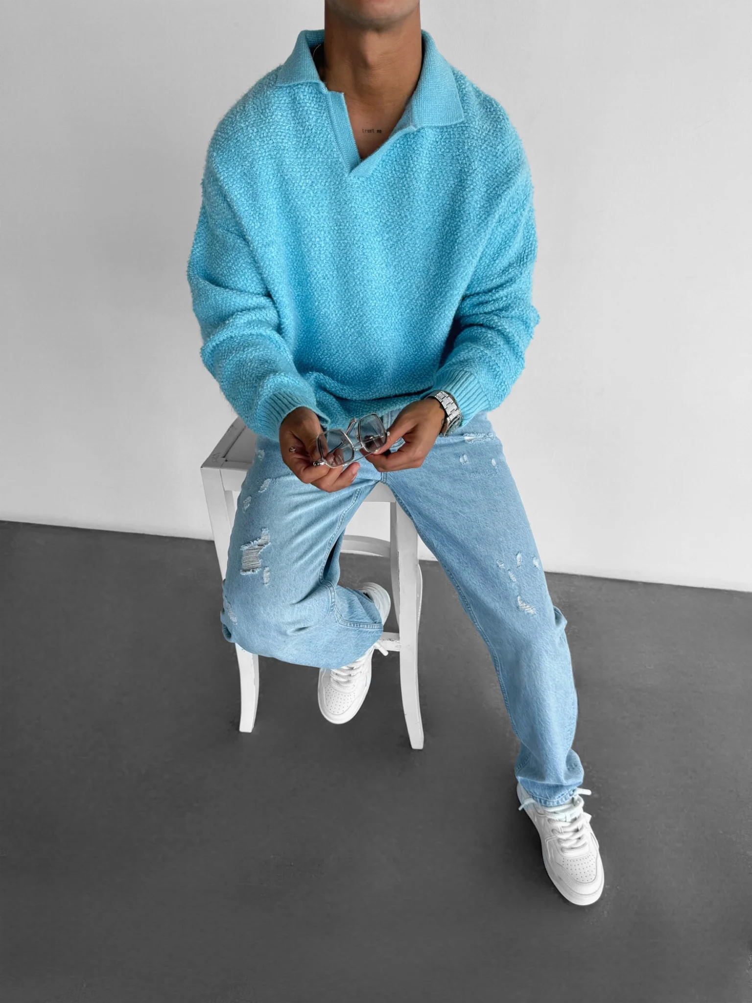 Knit Collar Brushed Pullover - Ice Blue - Image 2