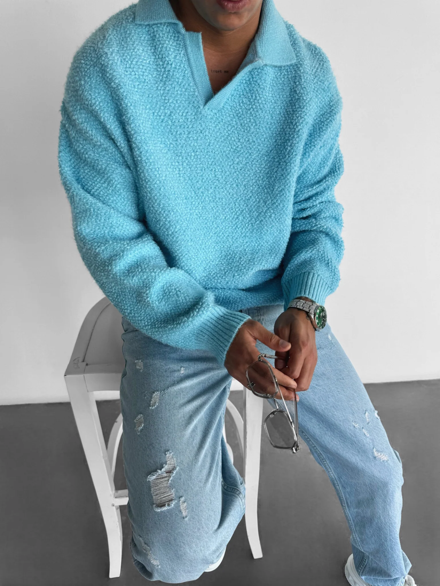 Knit Collar Brushed Pullover - Ice Blue - Image 6