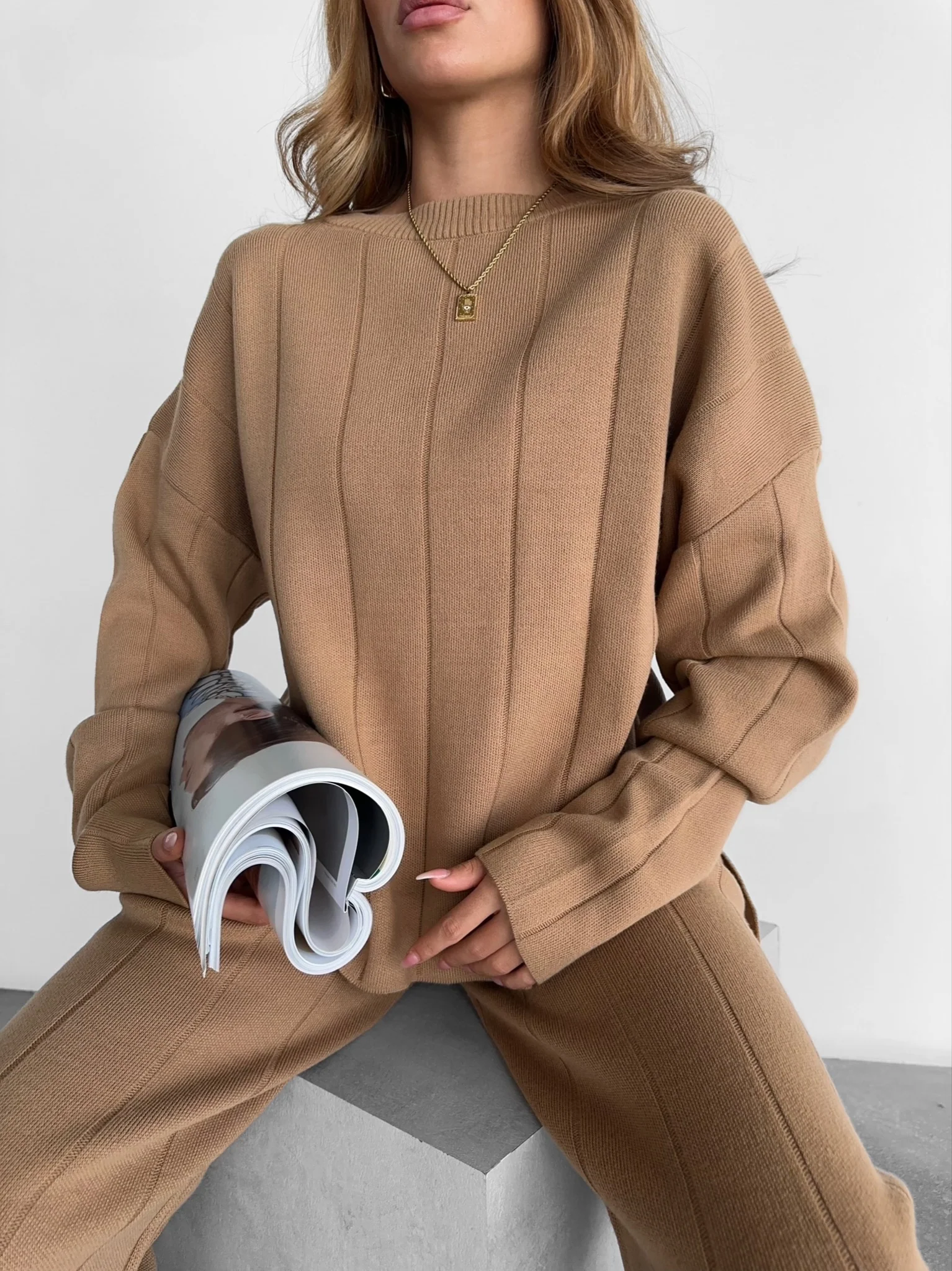 Knit Textured Sweater - Brown - Image 3
