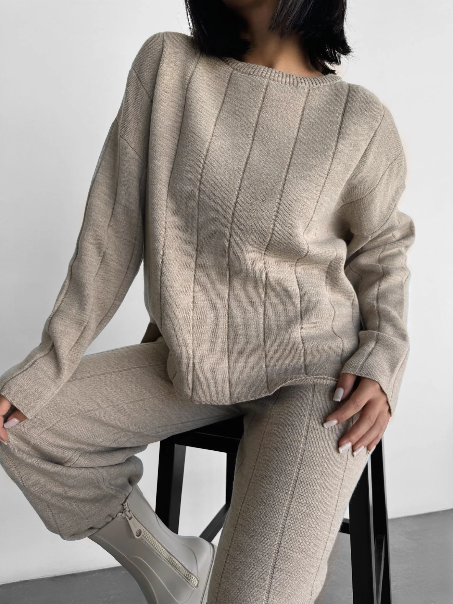 Knit Textured Sweater - Light Grey - Image 3