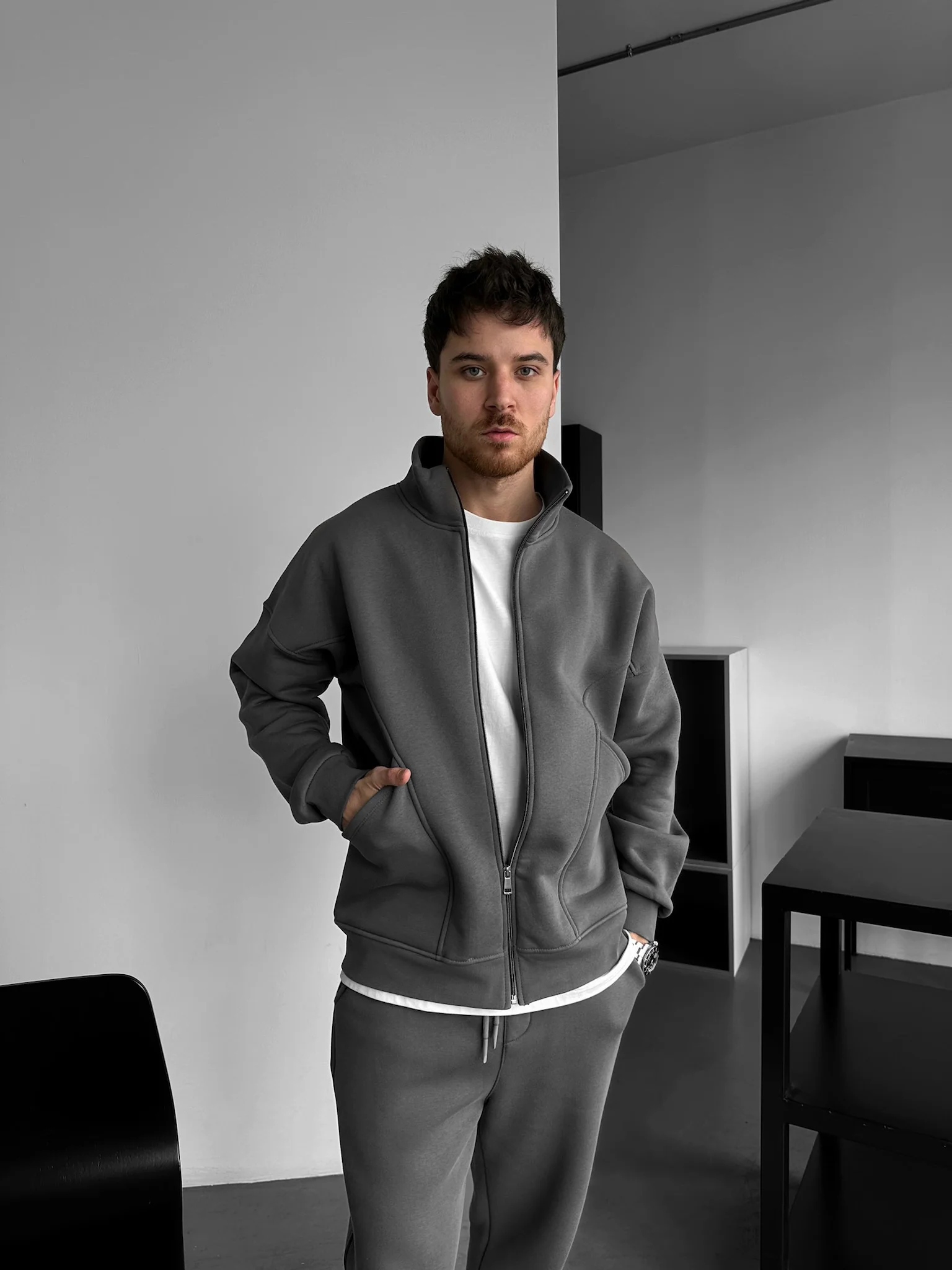 Loose Fit Basic Zipper Jacket - Anthracite - Image 4