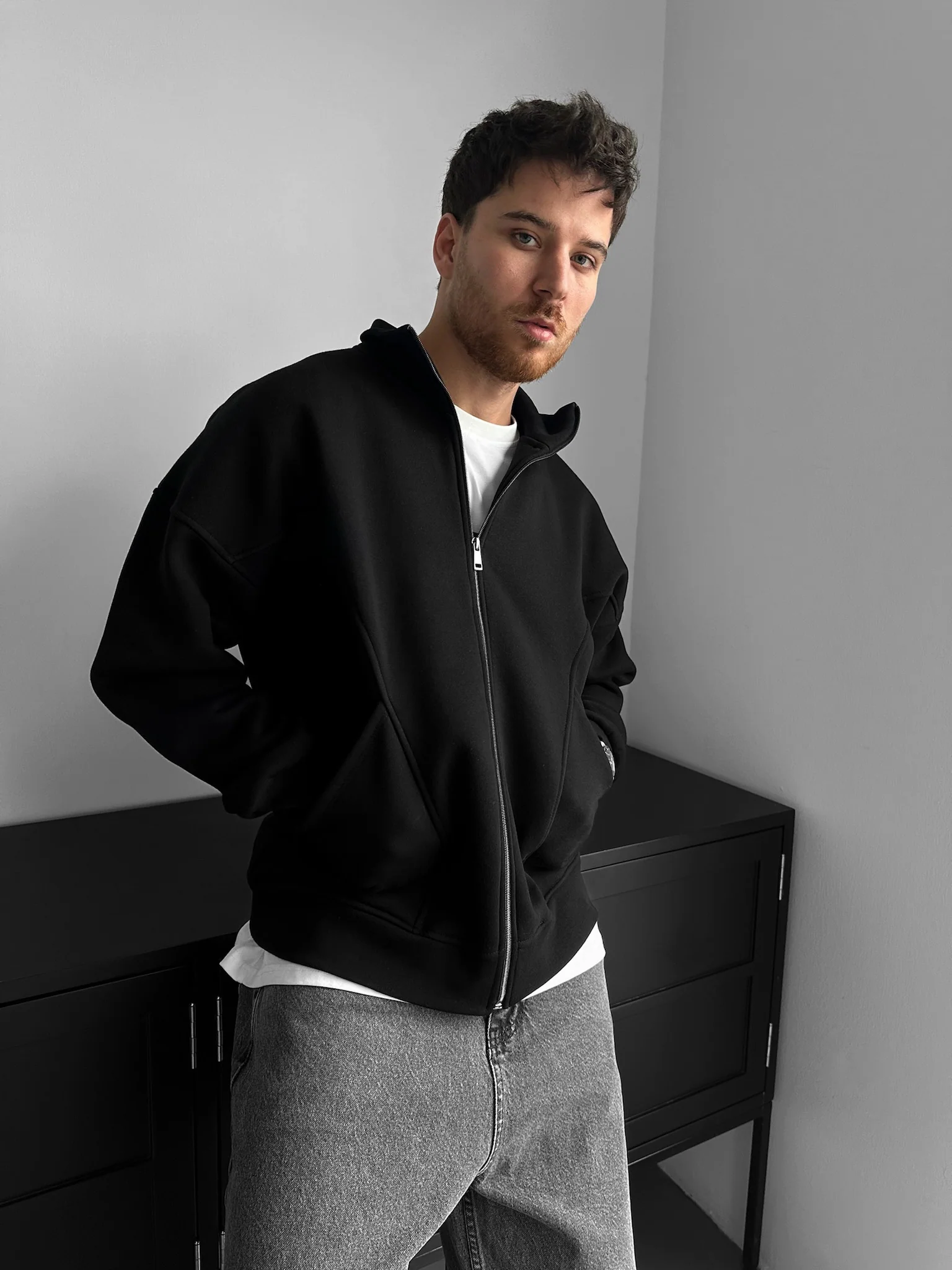Loose Fit Basic Zipper Jacket - Black - Image 3