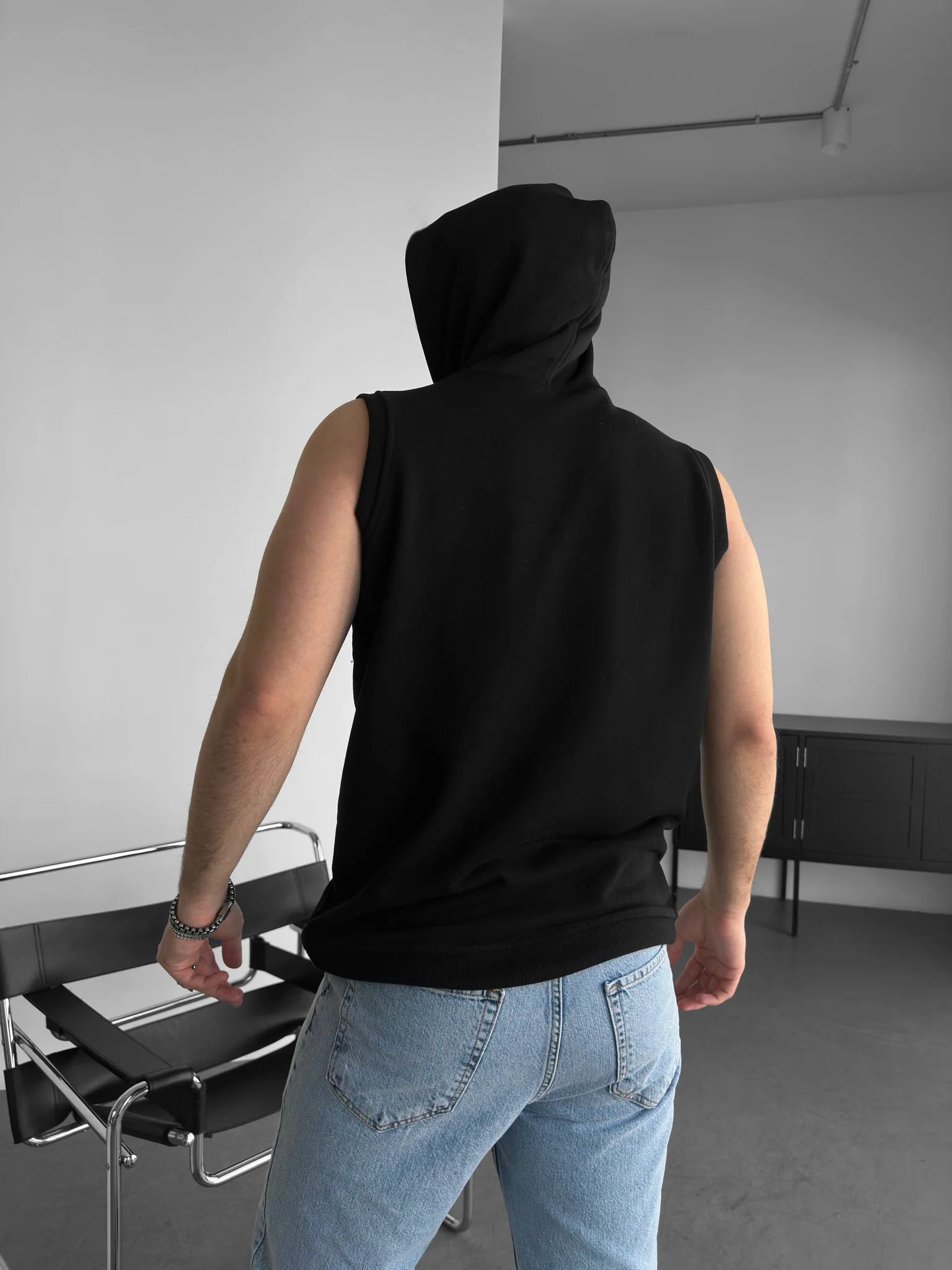 Loose Fit Sleeveless Hoodie - Black - Image 2