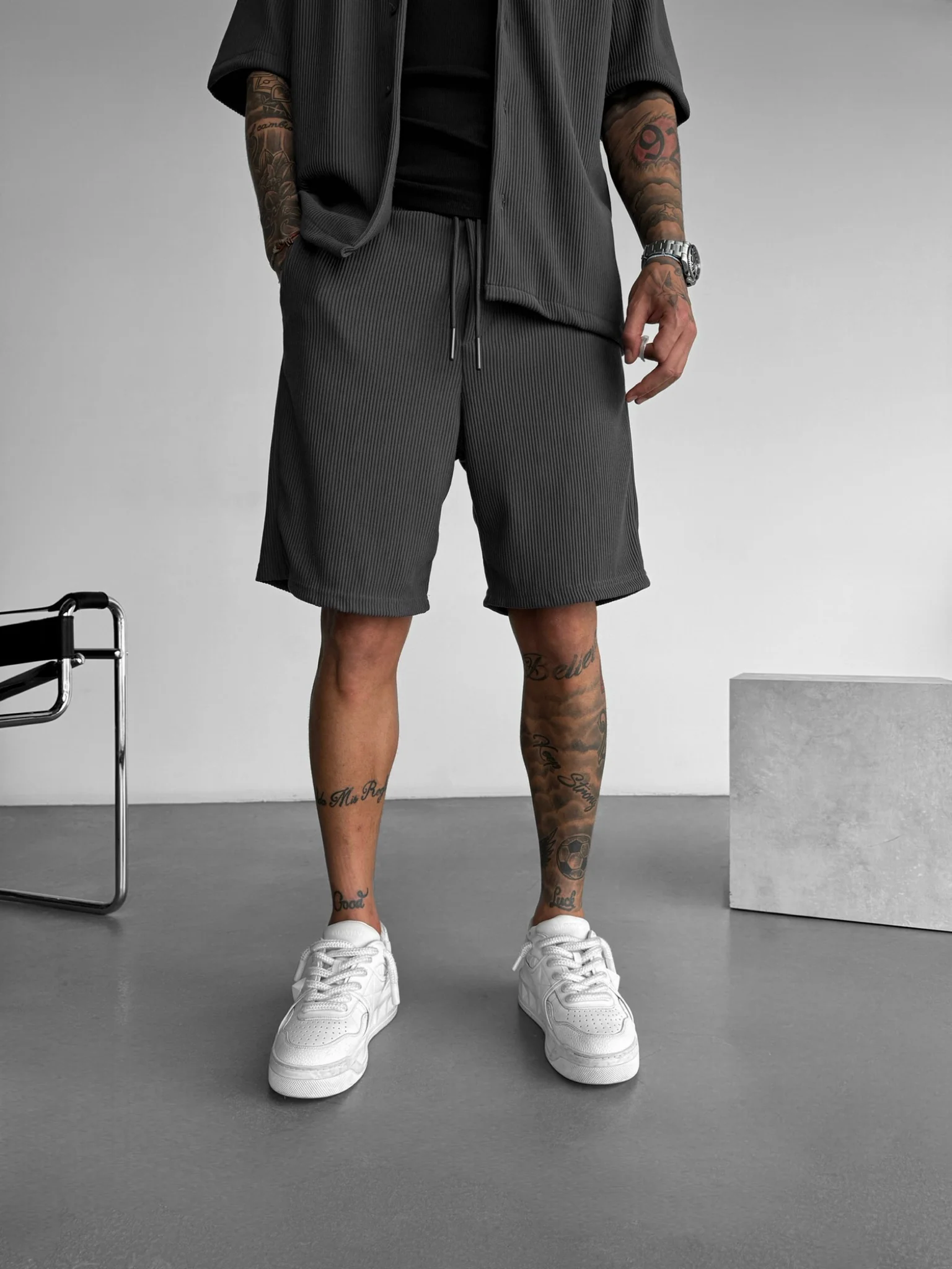 Loose Fit Cord Shorts - Anthracite - Image 2