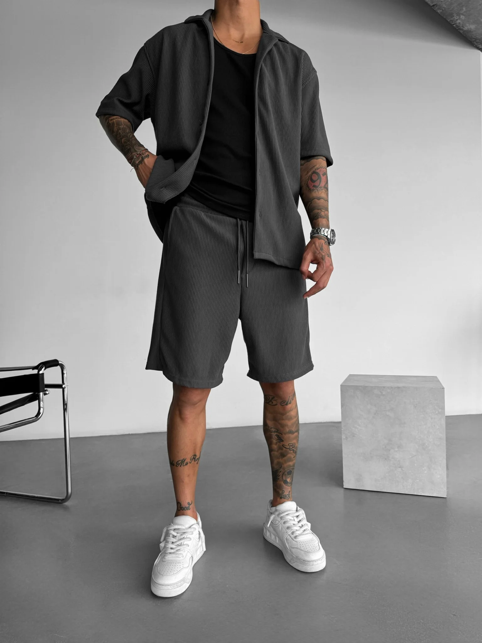 Loose Fit Cord Shorts - Anthracite - Image 3