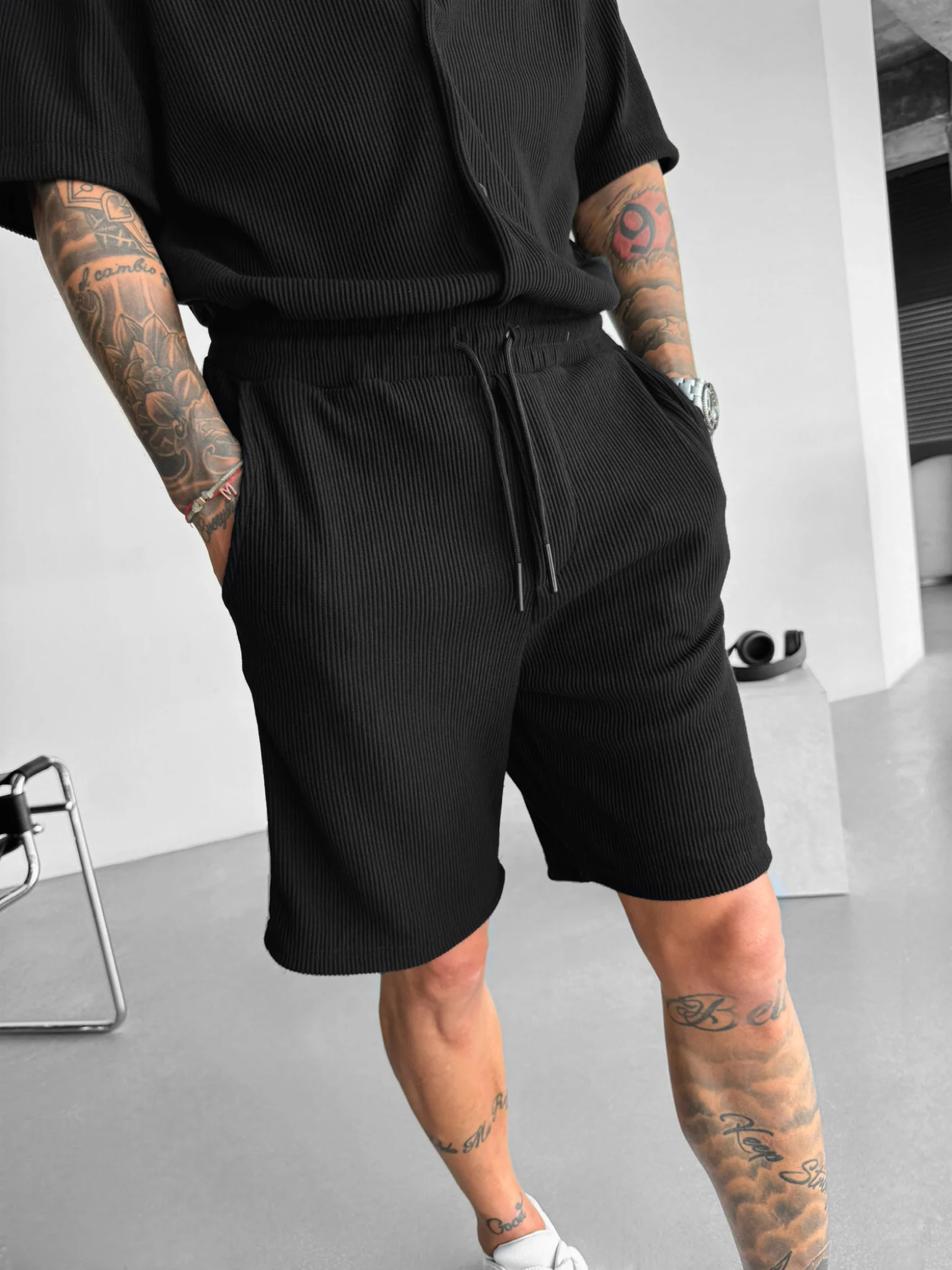 Loose Fit Cord Shorts - Black - Image 2