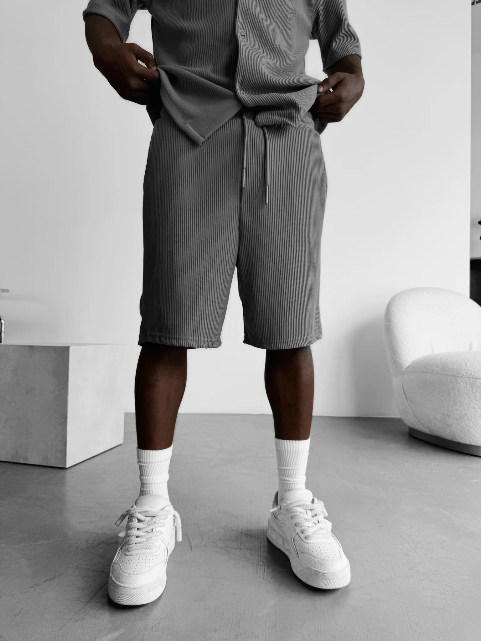 Loose Fit Cord Shorts - Grey - Image 2