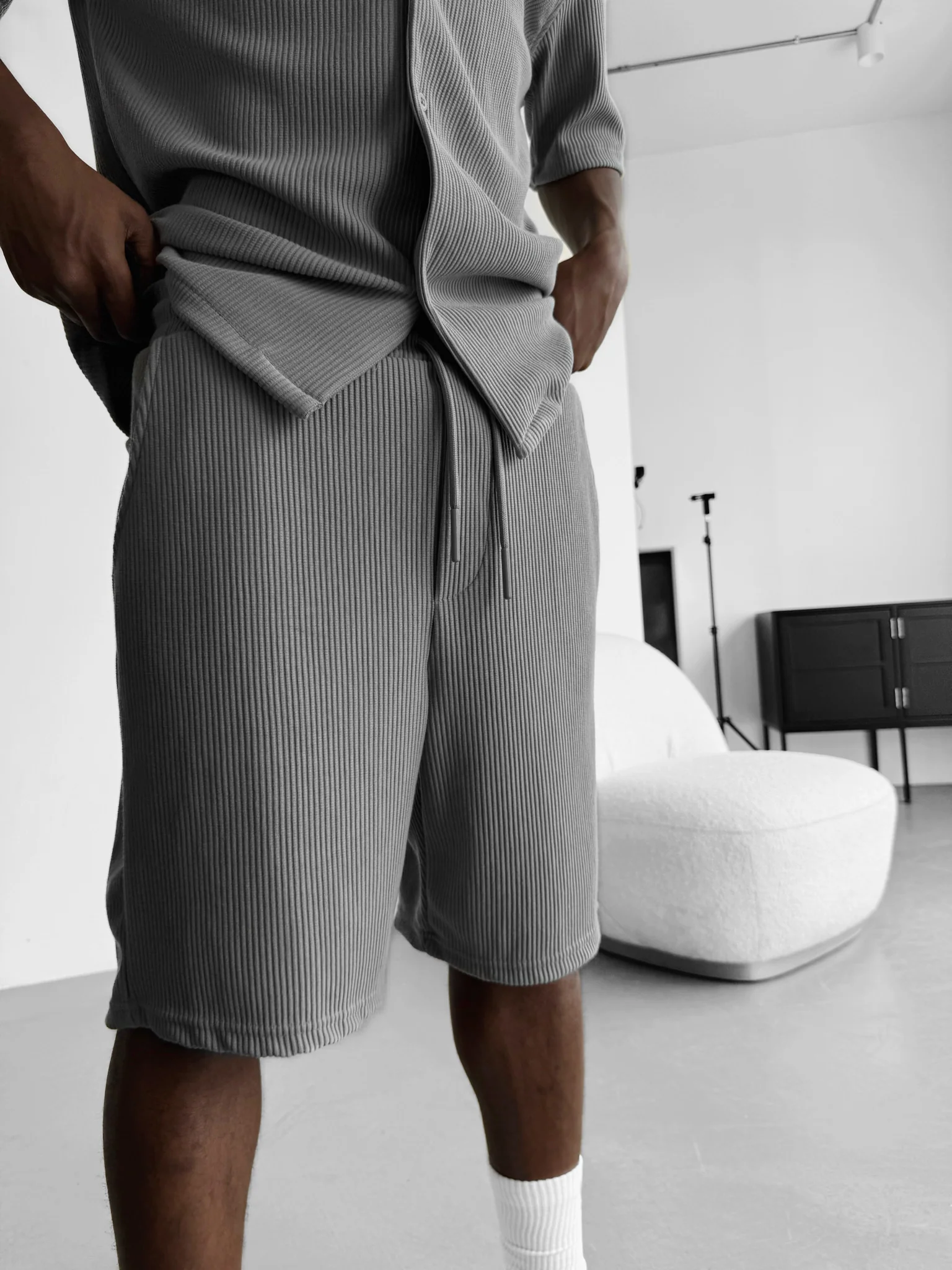 Loose Fit Cord Shorts - Grey - Image 3