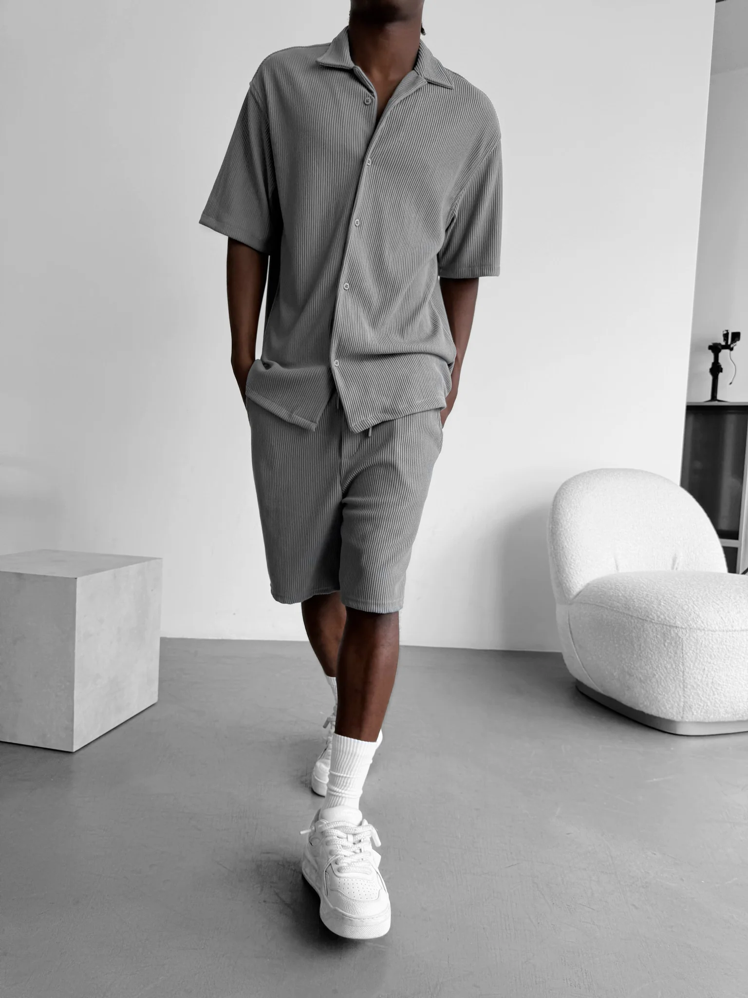 Loose Fit Cord Shorts - Grey - Image 5