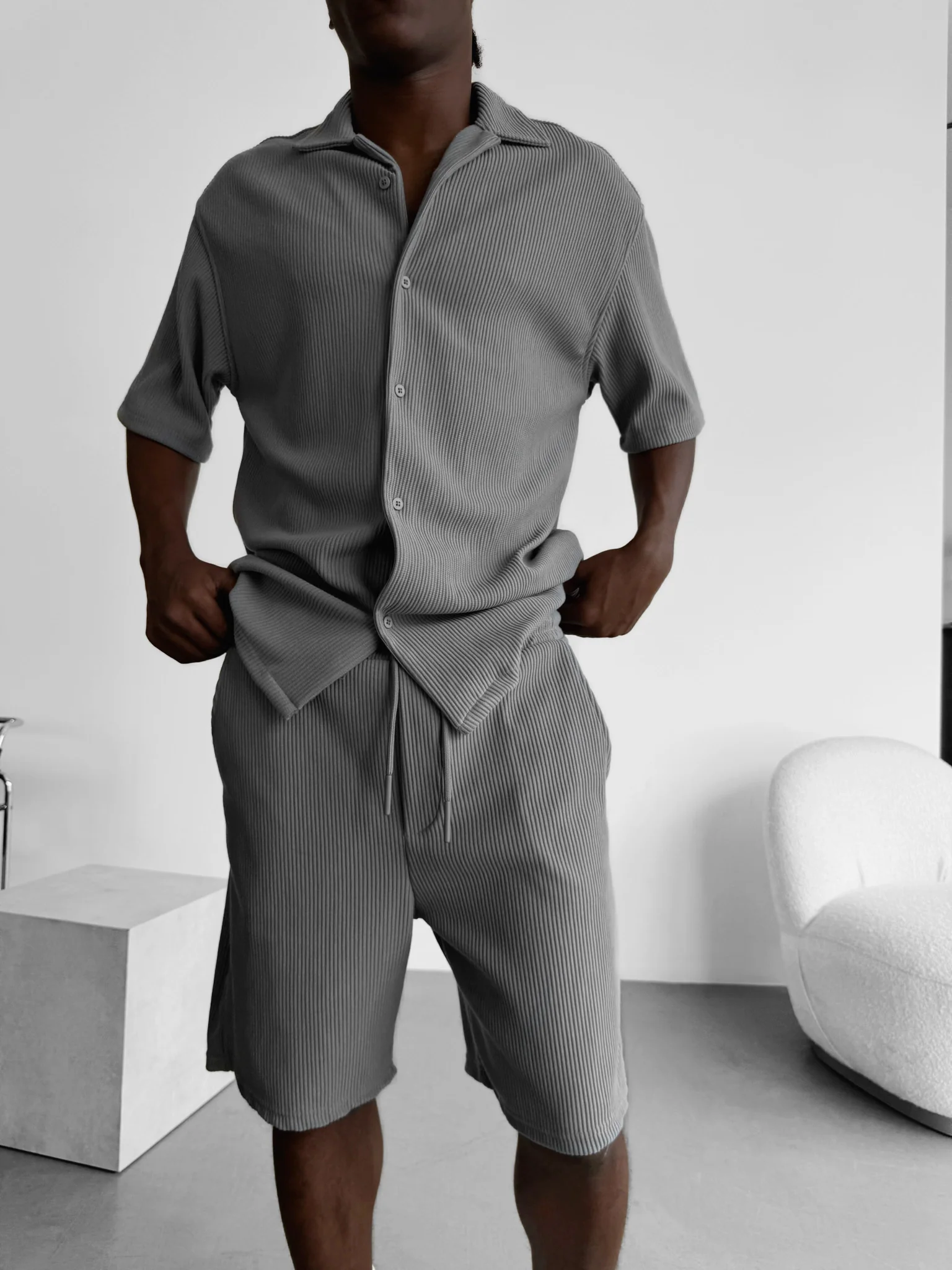 Loose Fit Cord Shorts - Grey - Image 7