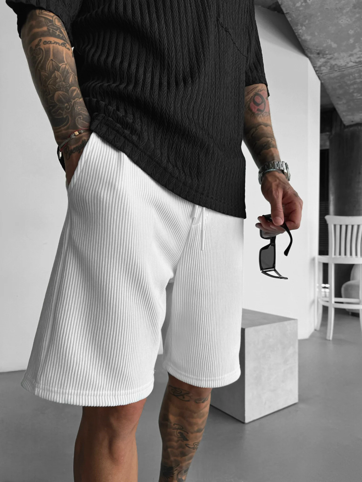 Loose Fit Cord Shorts - White - Image 4