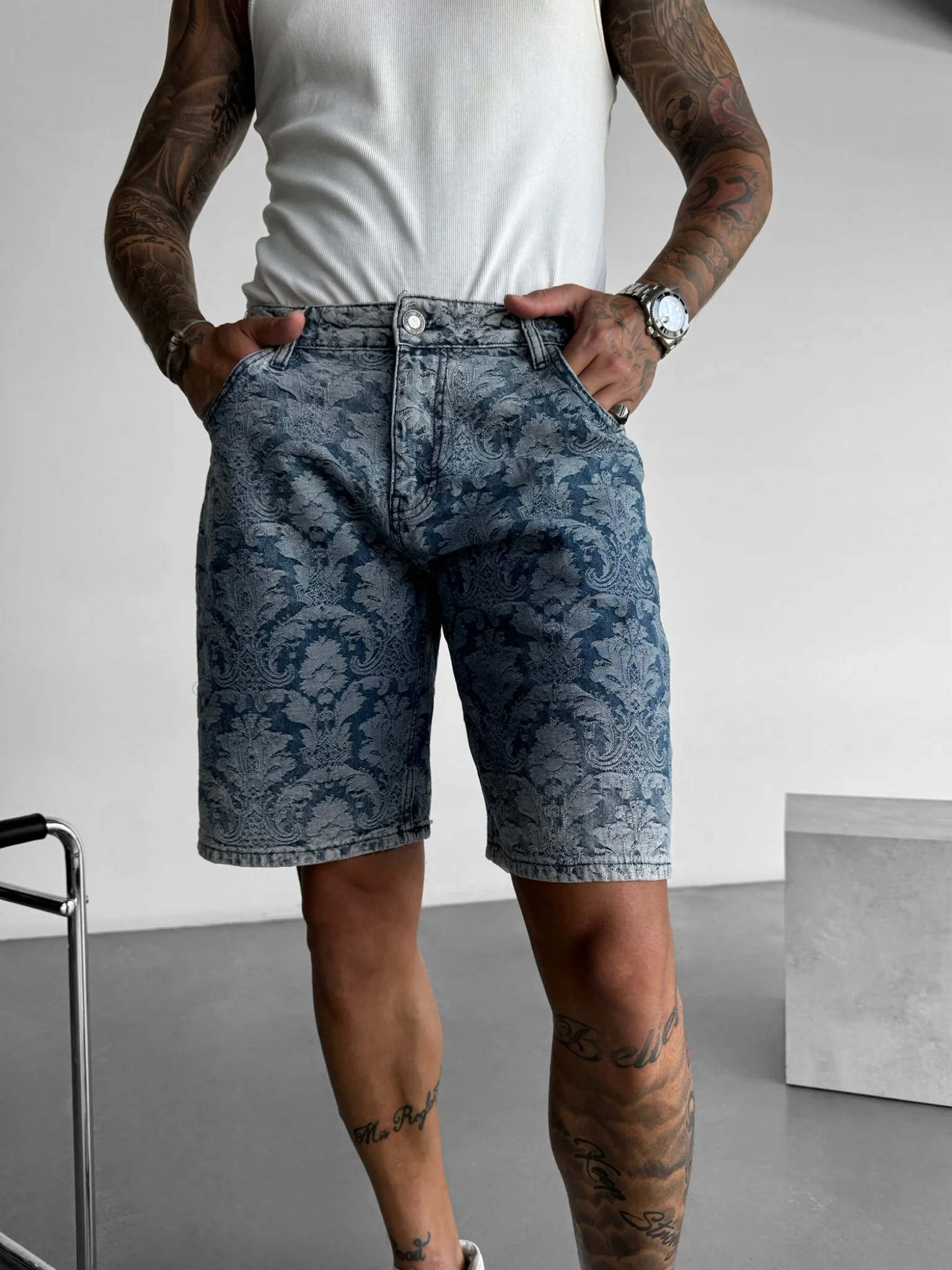 Loose Fit Damask Shorts - Blue - Image 3