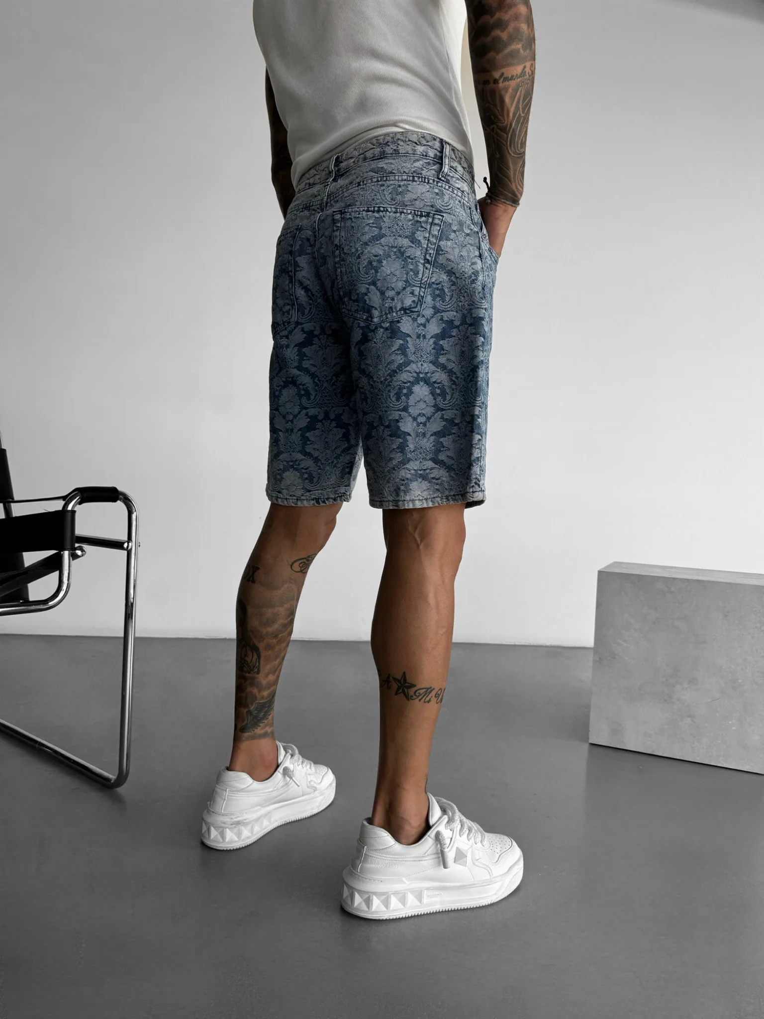 Loose Fit Damask Shorts - Blue - Image 5
