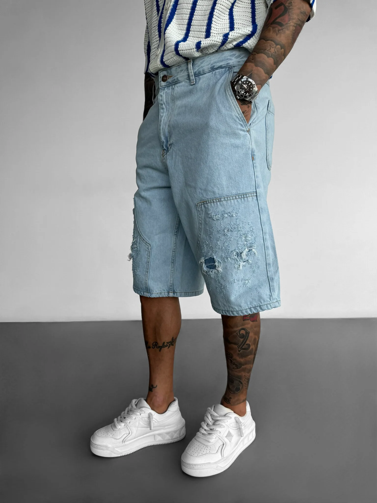 Loose Fit Detail Torn Jeans Shorts - Light Blue - Image 2