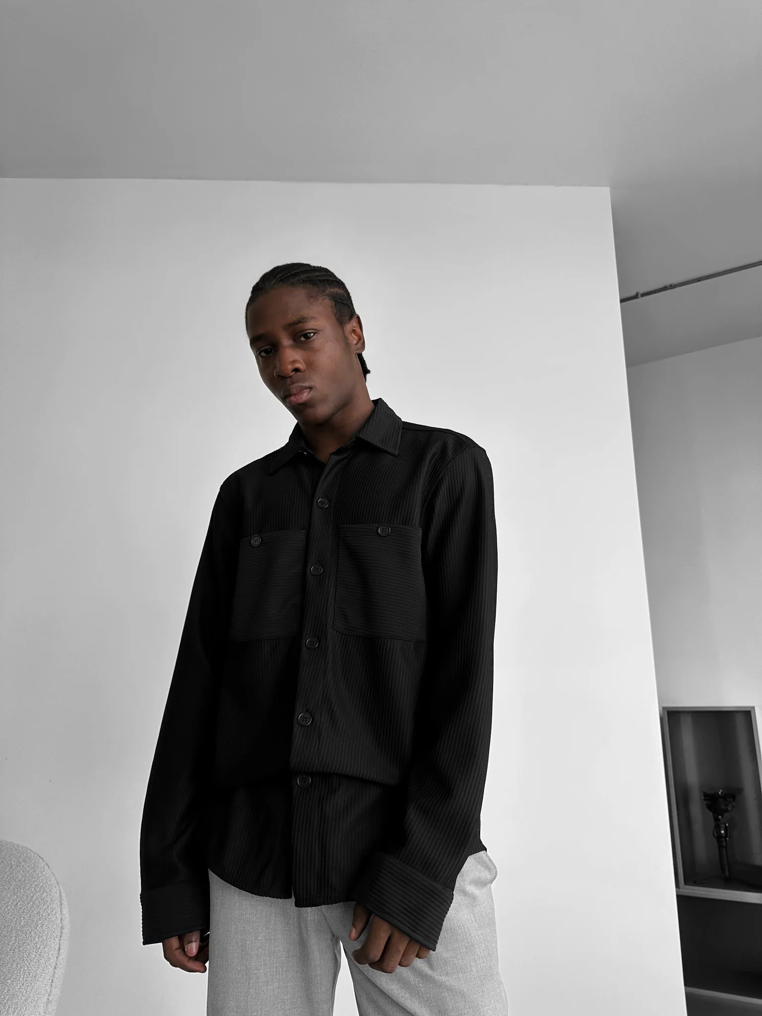 Loose Fit Double Pocket Shirt - Black - Image 3