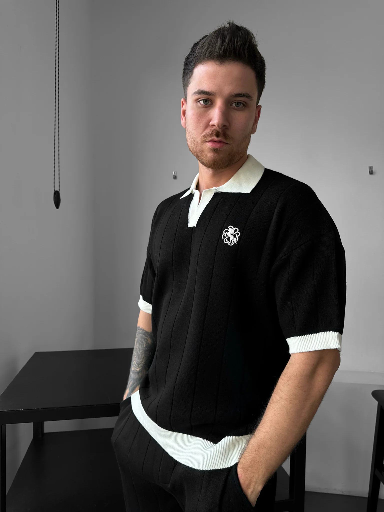 Loose Fit Embroidered Polo T-shirt - Black - Image 2