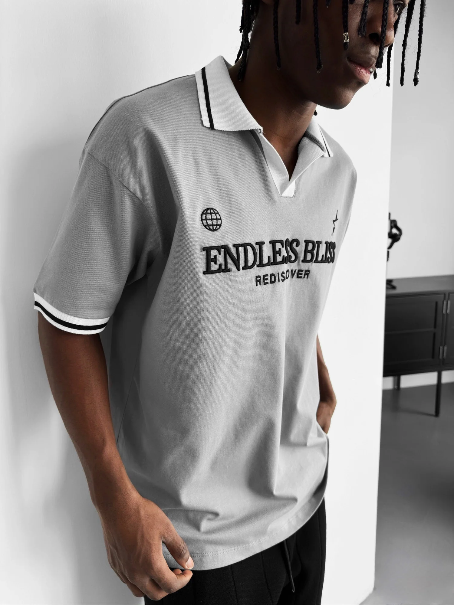 Loose Fit 'Endless Bliss' Polo T-Shirt - Grey - Image 3