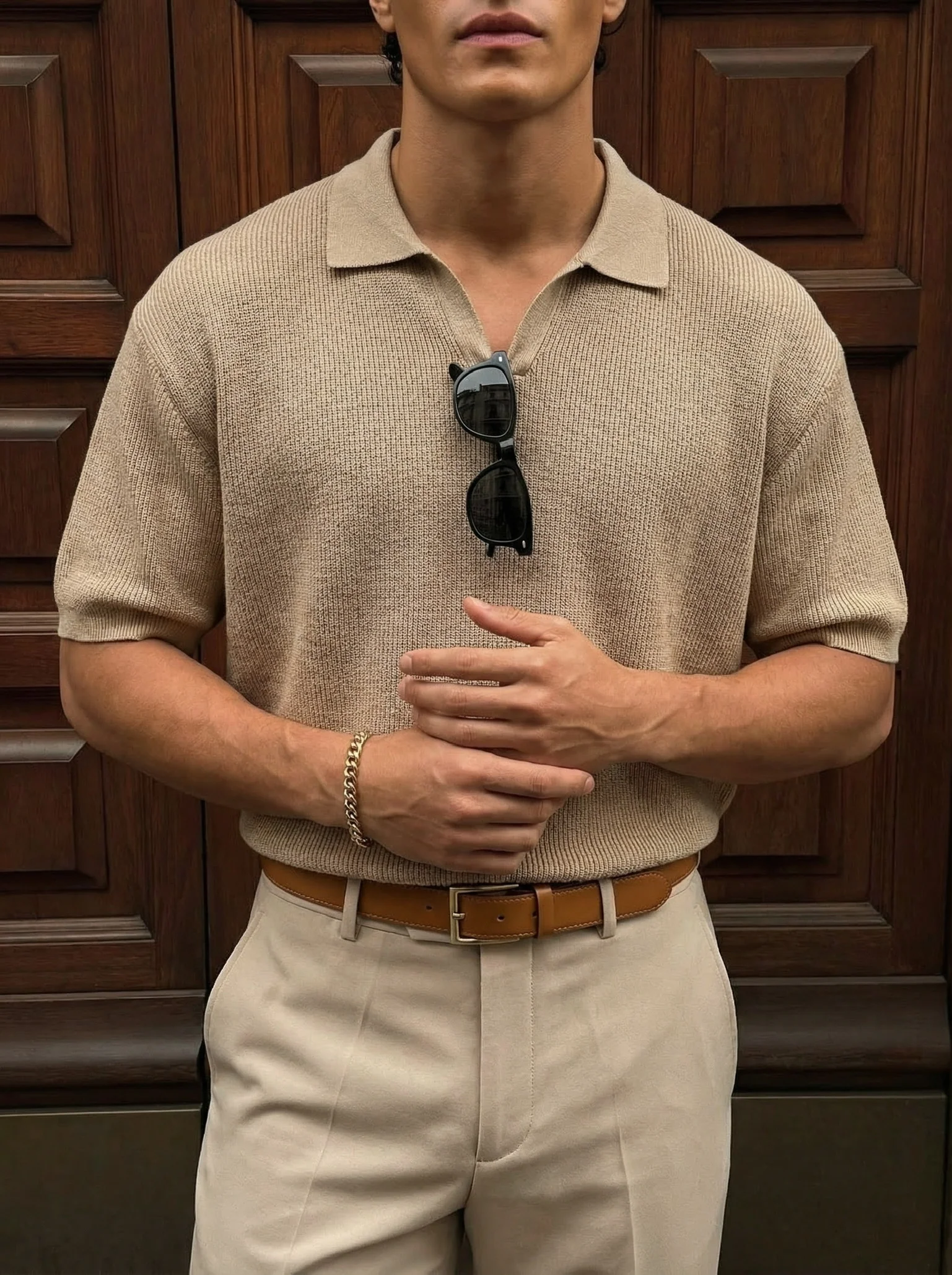 Loose fit fine knit collar T-Shirt - Brown - Image 2