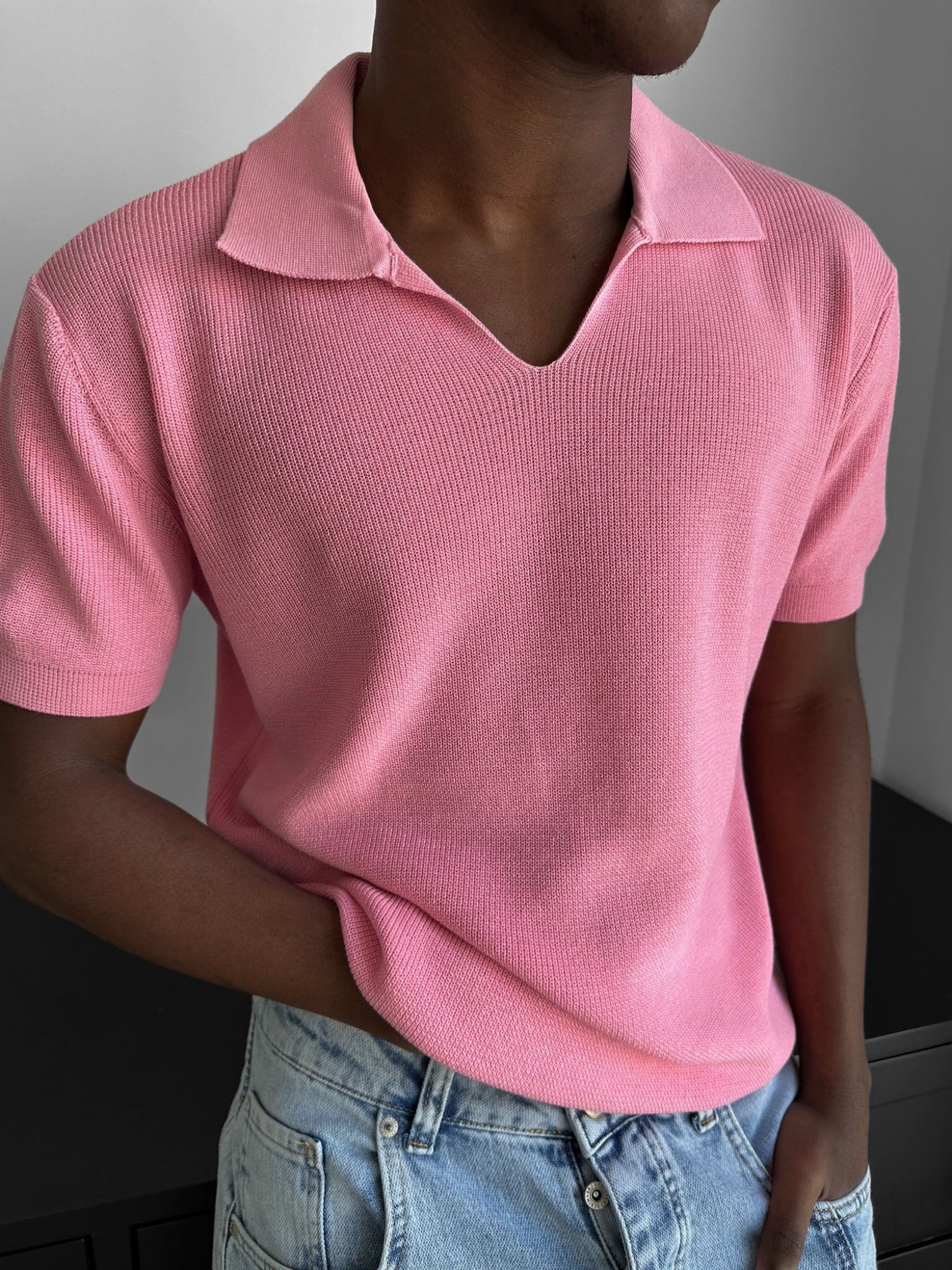 Loose fit fine knit collar T-Shirt - Pouder