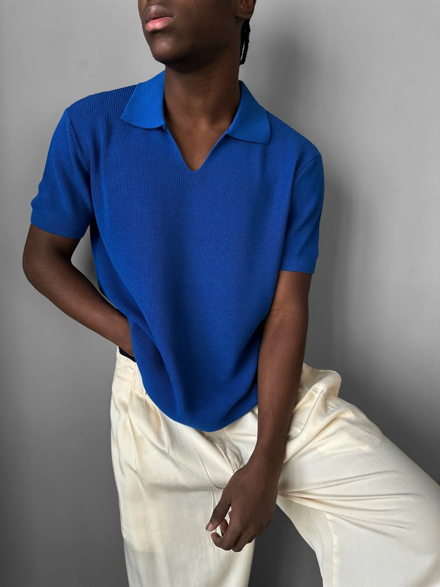 Loose fit fine knit collar T-Shirt - Sax